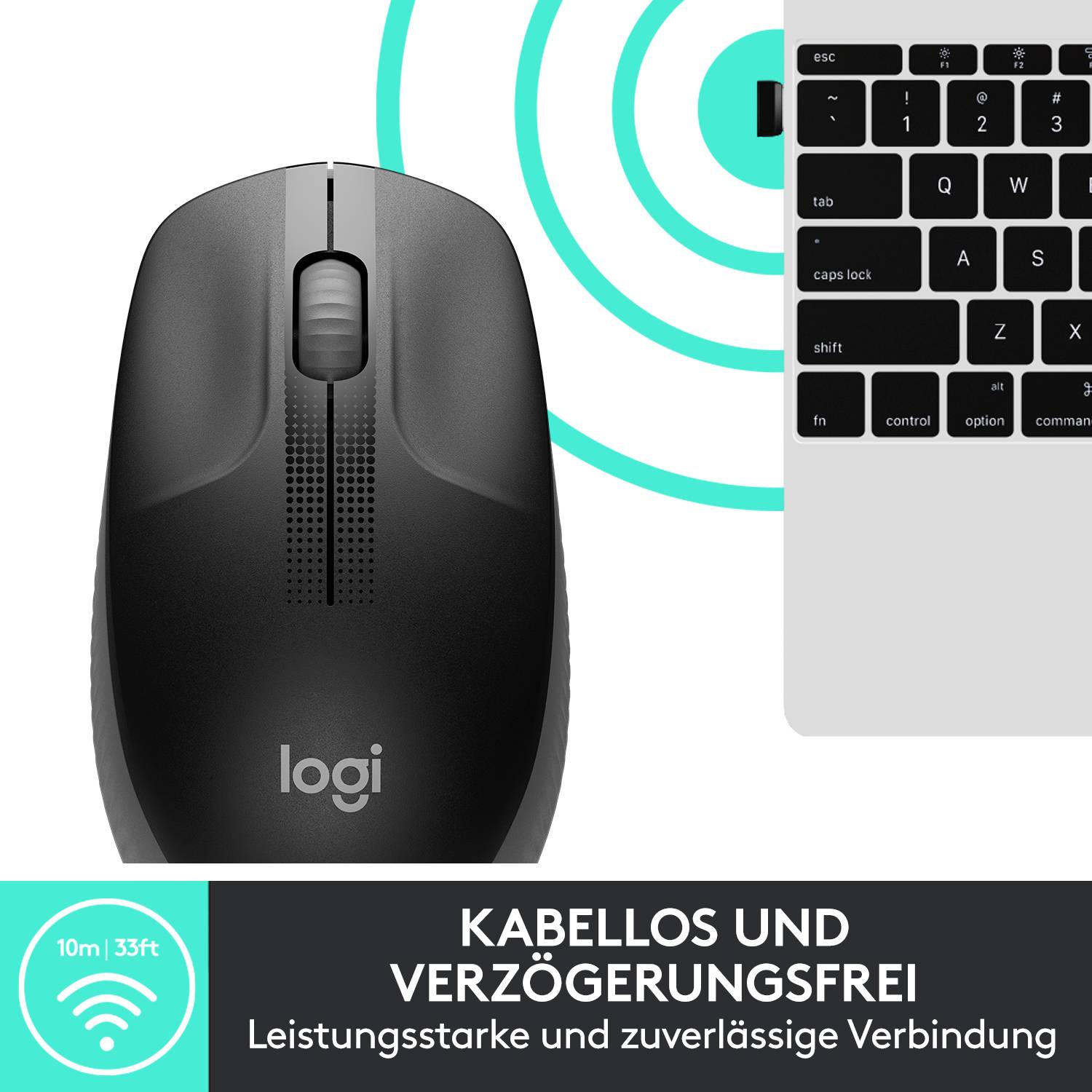 'Drahtlose Logitech-Maus neben Laptop-Tastatur, bewirbt stabiles, verzögerungsfreies 10m-Signal für zuverlässige Leistung.'