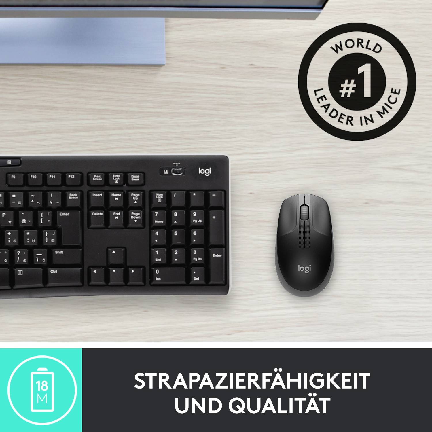 Tastatur und Maus auf einem Tisch, Werbeslogan: 'Strapazierfähigkeit und Qualität', zeigt Marktführerschaft in der Mausindustrie.