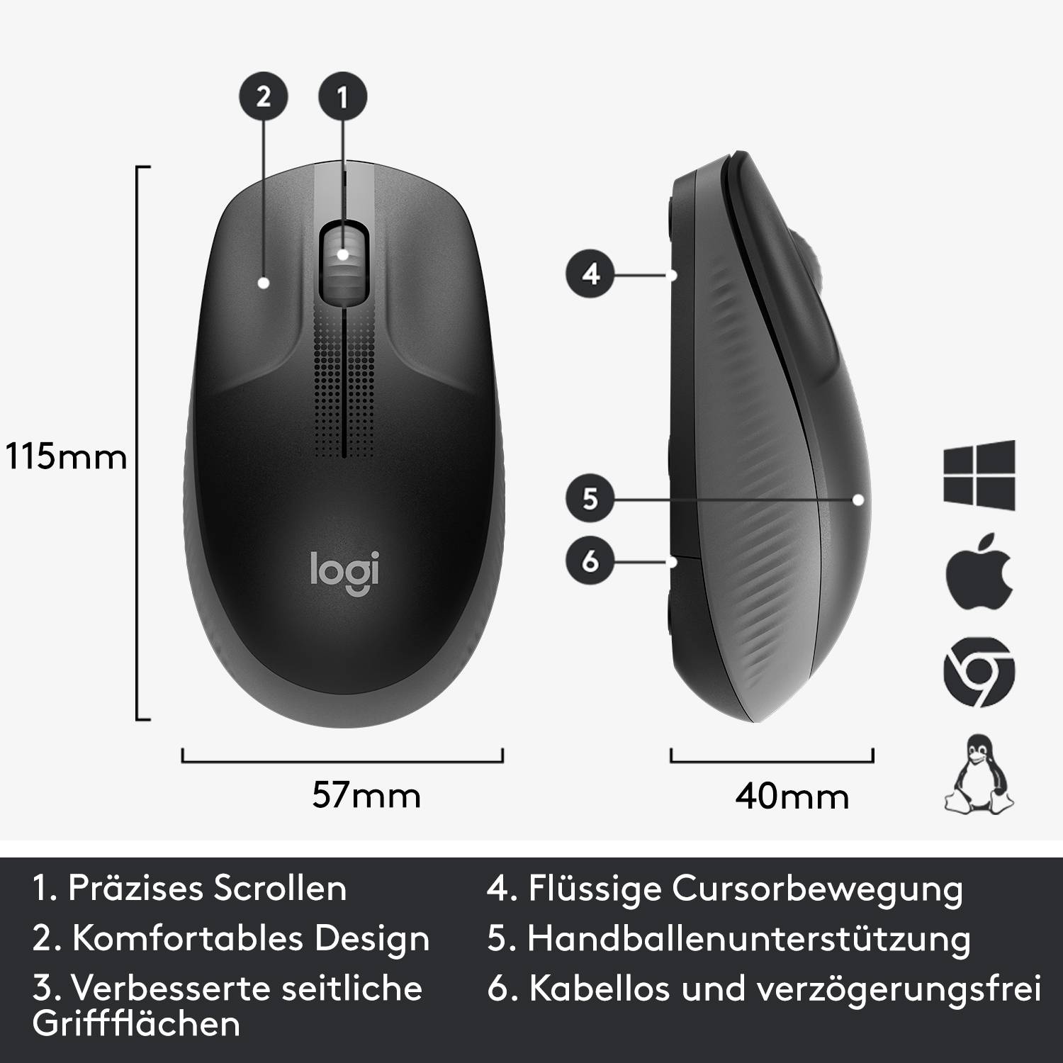 Schwarze kabellose Maus mit ergonomischem Design, seitlichen Griffen und fünf Tasten. Kompatibel mit Windows, macOS und Linux.