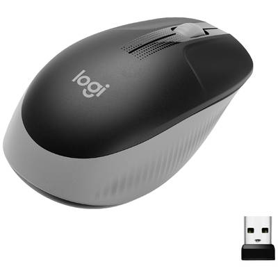 Eine schwarze kabellose Computermaus und ein USB-Empfänger. Die Maus hat ein ergonomisches Design mit einem Scrollrad.