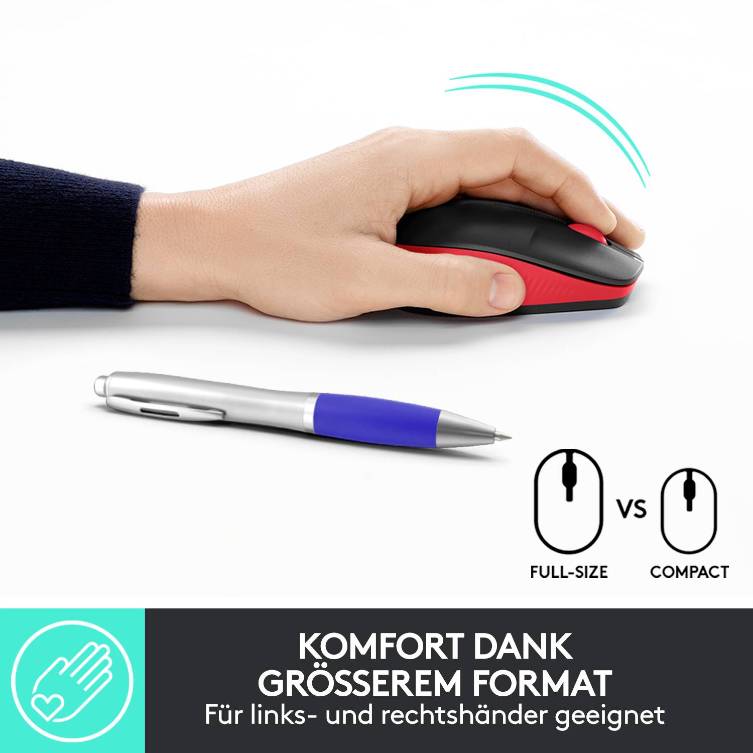 Eine Hand hält eine ergonomische Maus neben einem blauen Stift. Text: 'Komfort dank größerem Format. Für links- und rechtshänder geeignet.'