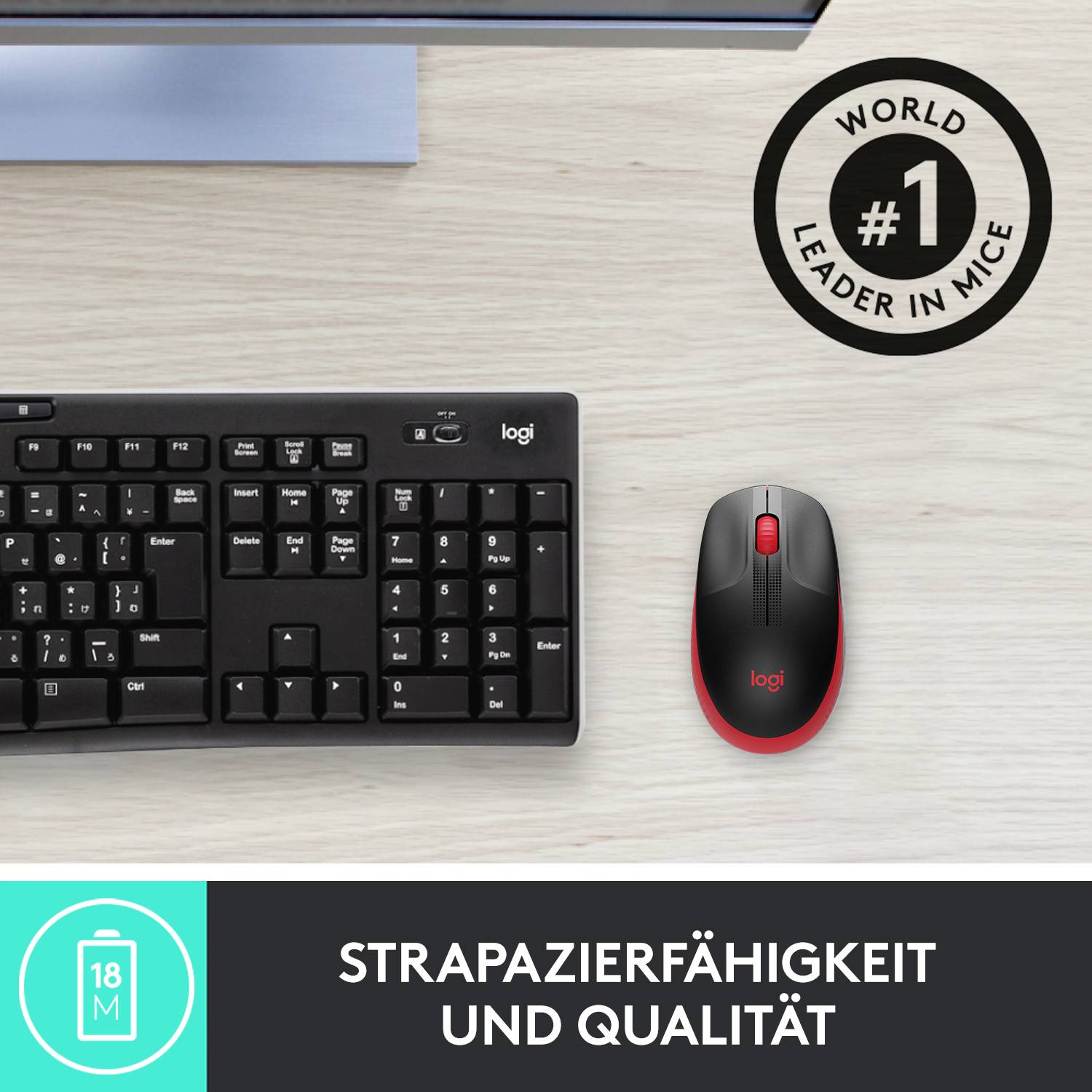 Eine schwarze Tastatur und eine rot-schwarze Maus auf einem Tisch. Oben rechts ein Kreis mit der Aufschrift '#1 World Leader in Mice'. Unten steht 'Strapazierfähigkeit und Qualität'.