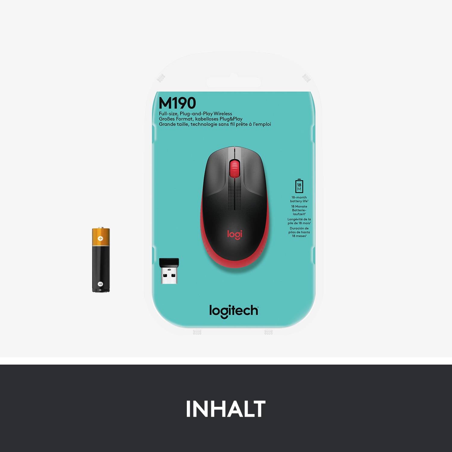 'Logitech M190 Full-Size Wireless Maus' Verpackung mit Abbildung der Maus und Batterie. Oben links steht der Modellname, unten das Logitech-Logo.