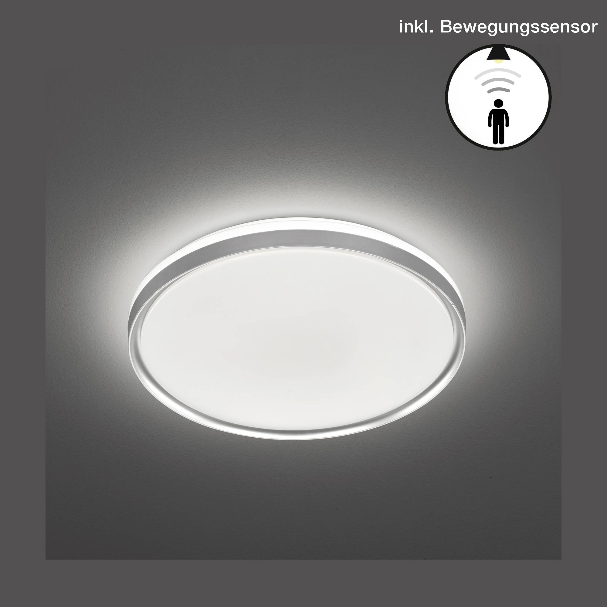 Runde Deckenleuchte mit Bewegungssensor, leuchtet sanft in Weiß. Oben rechts ein Symbol für den Bewegungssensor.