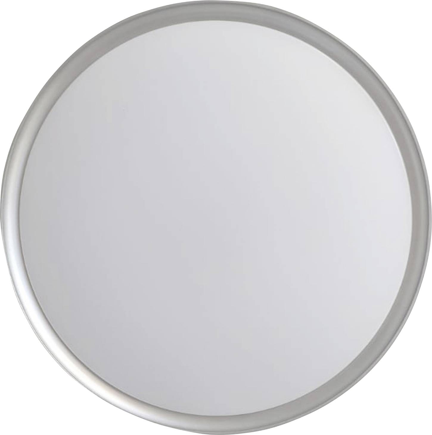 Ein runder, silberner Wandspiegel mit schlichtem Rahmen, reflektiert das Licht im Raum und dient als dekoratives Element.