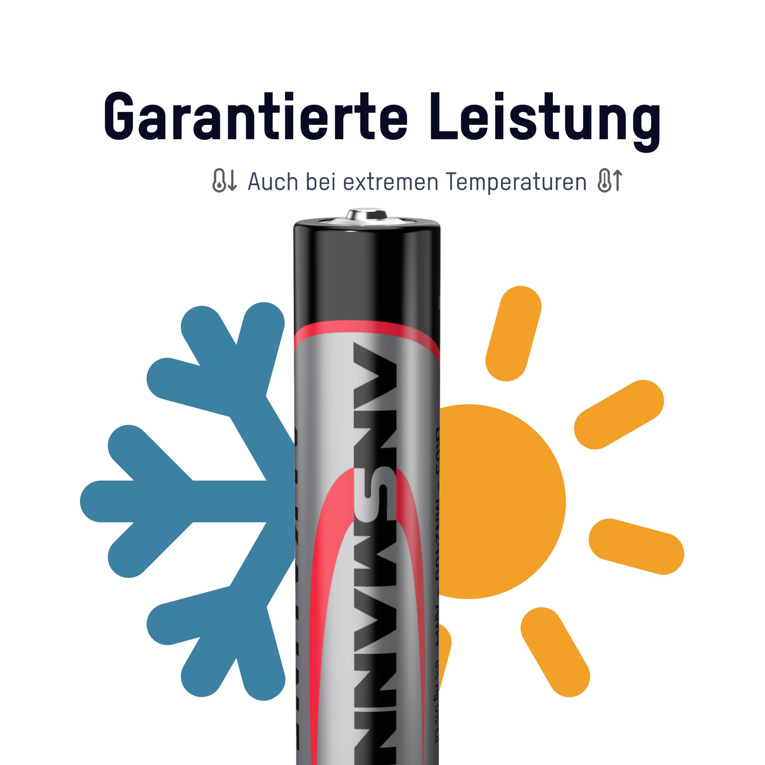 "Garantie für Leistung bei extremer Temperatur" über einem Akku, illustriert mit einem Schneeflocken- und einem Sonnenmotiv.