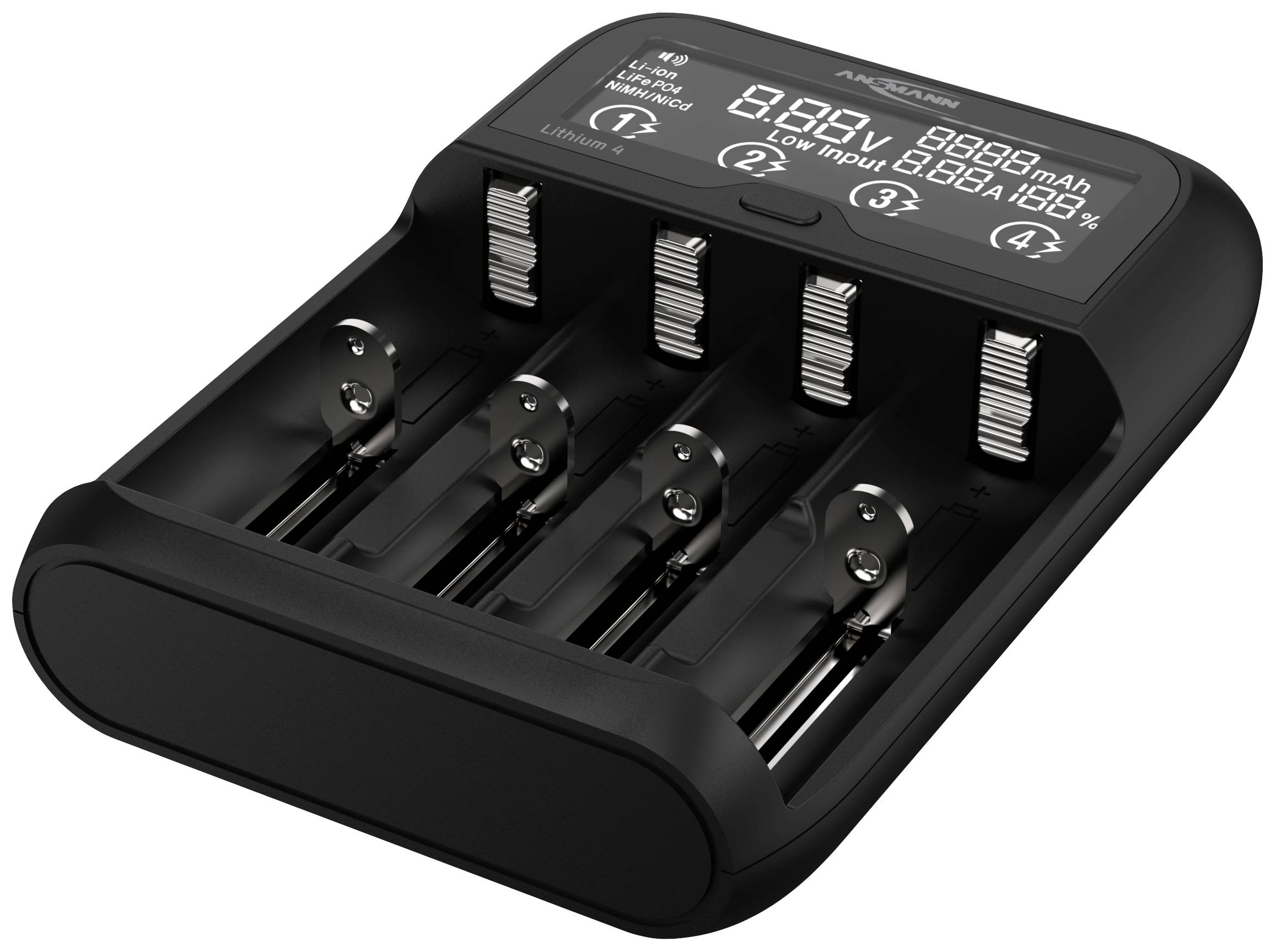 Vierfach-Akkuladegerät mit LCD-Anzeige zeigt Ladezustand, Spannung und Kapazität für jeden Schacht an.