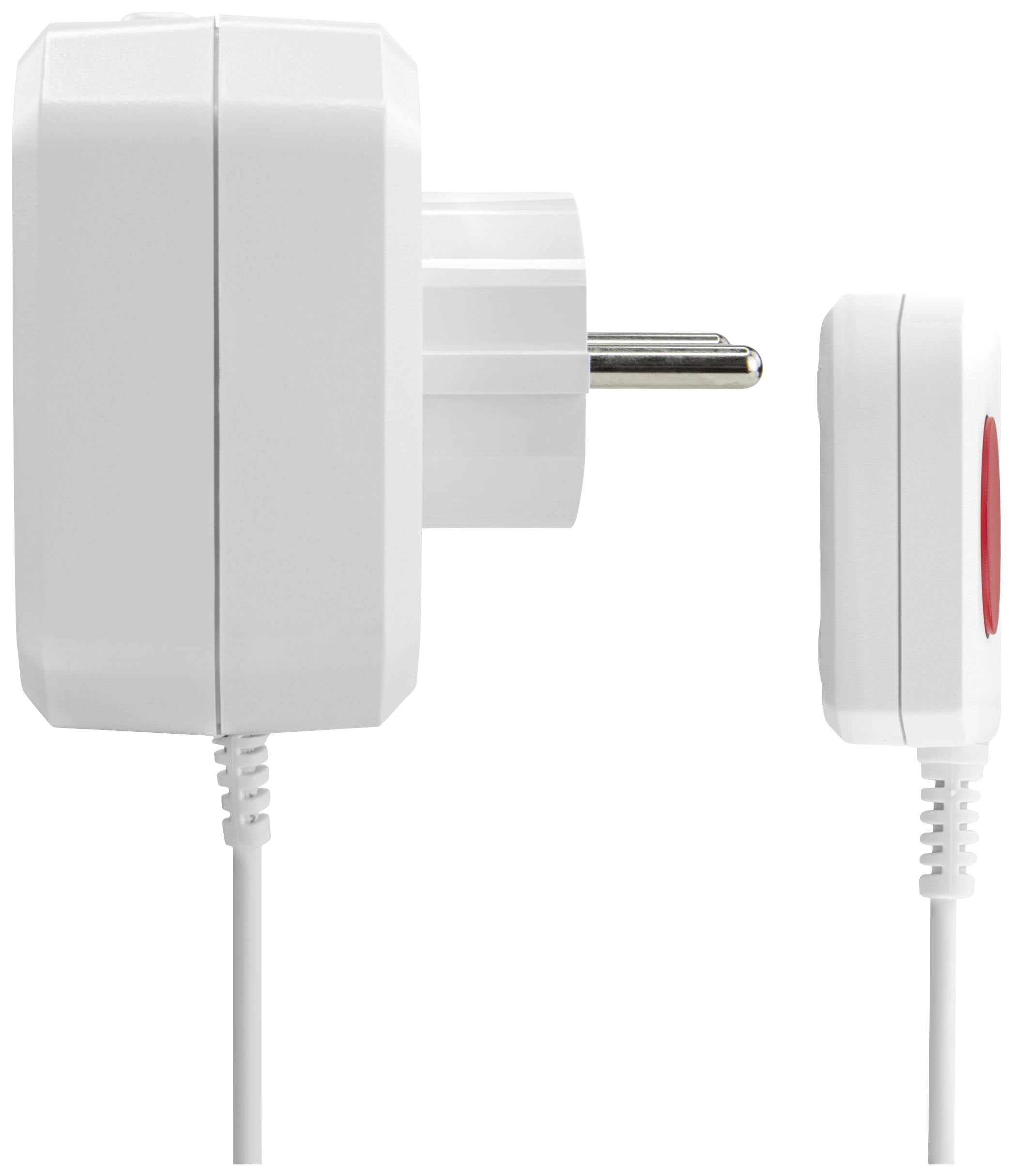 Seitenansicht eines weißen Steckernetzteils mit Kabel; zeigt zwei verschiedene Winkel des Geräts.