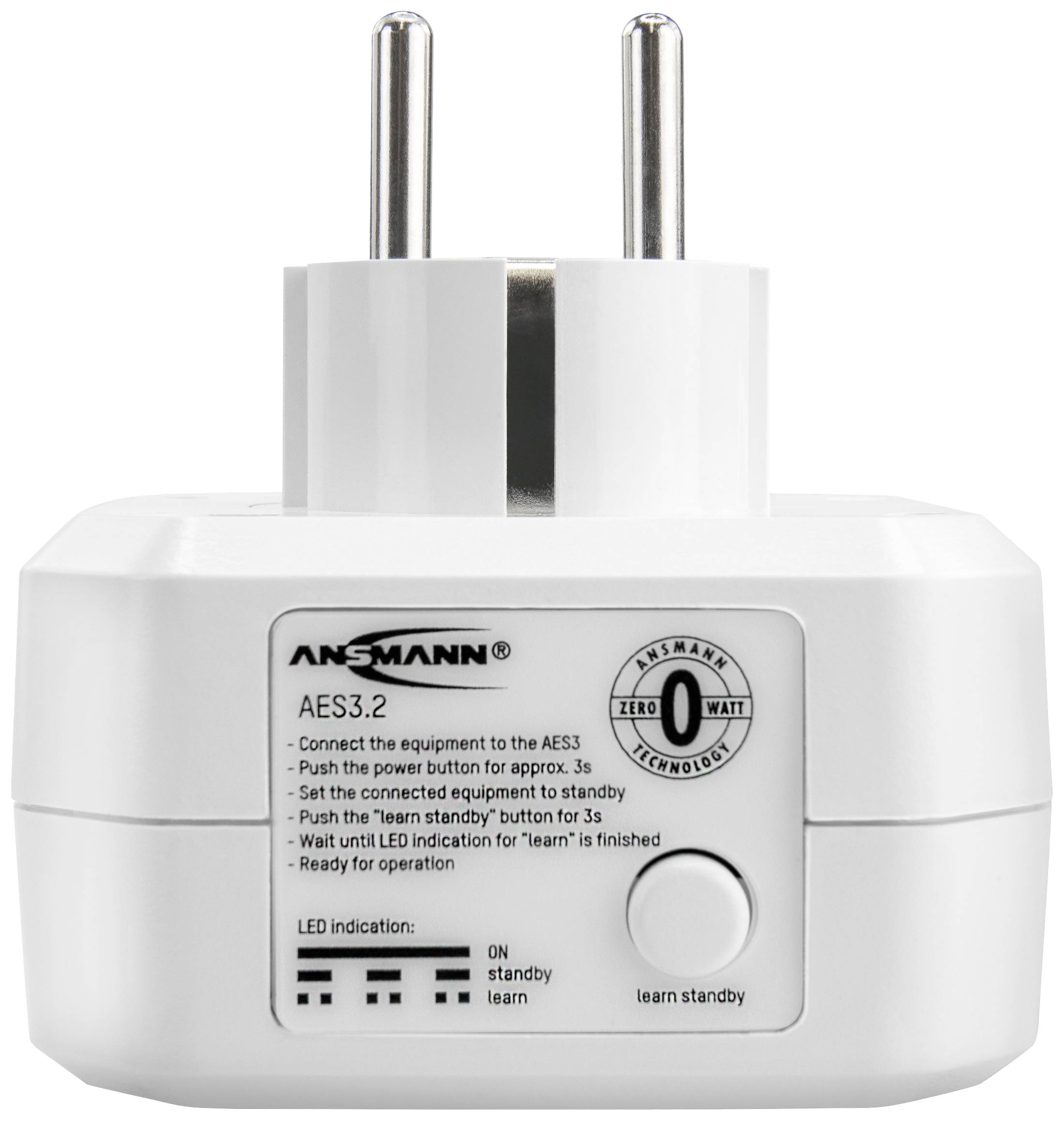 Ein weißer Steckdosenschalter mit "ANSMANN AES3.2" oben. Enthält Anweisungen zur Verwendung des Ein- und Ausschaltknopfes sowie LED-Anzeigen.