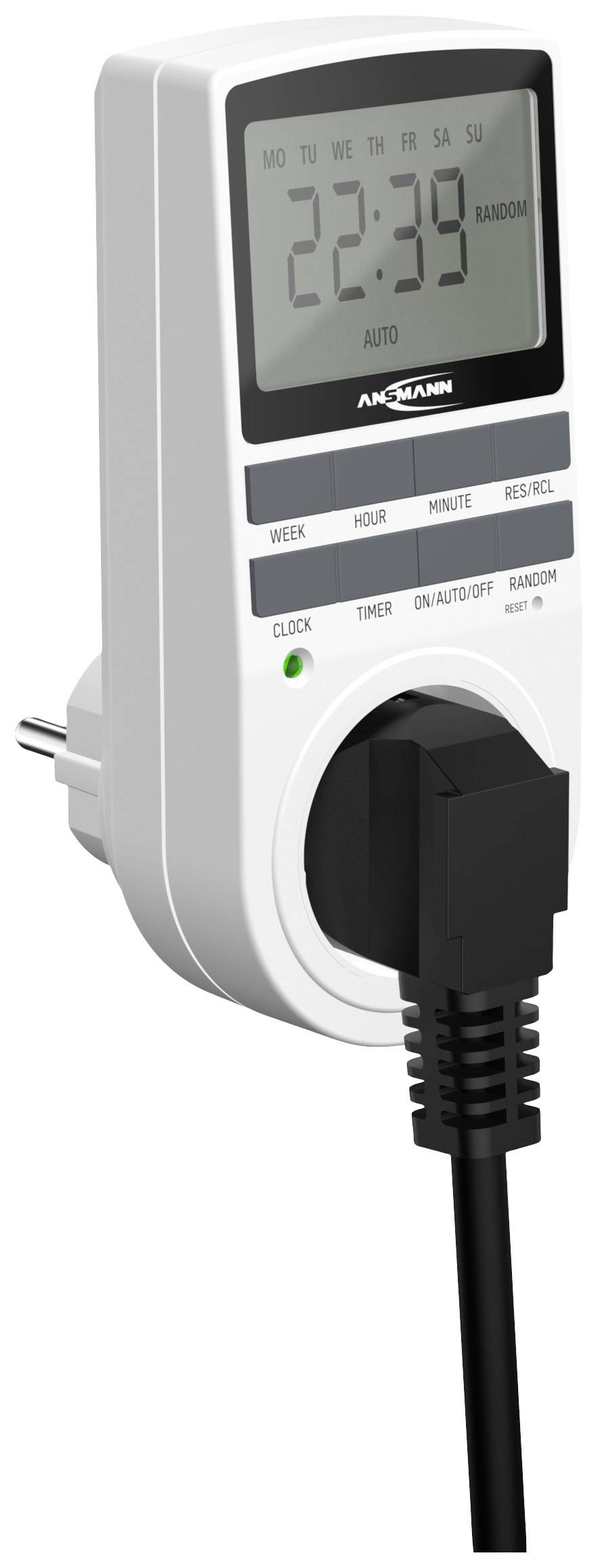 Eine digitale Zeitschaltuhr ist an eine Steckdose angeschlossen, zeigt die Uhrzeit '22:39' an.