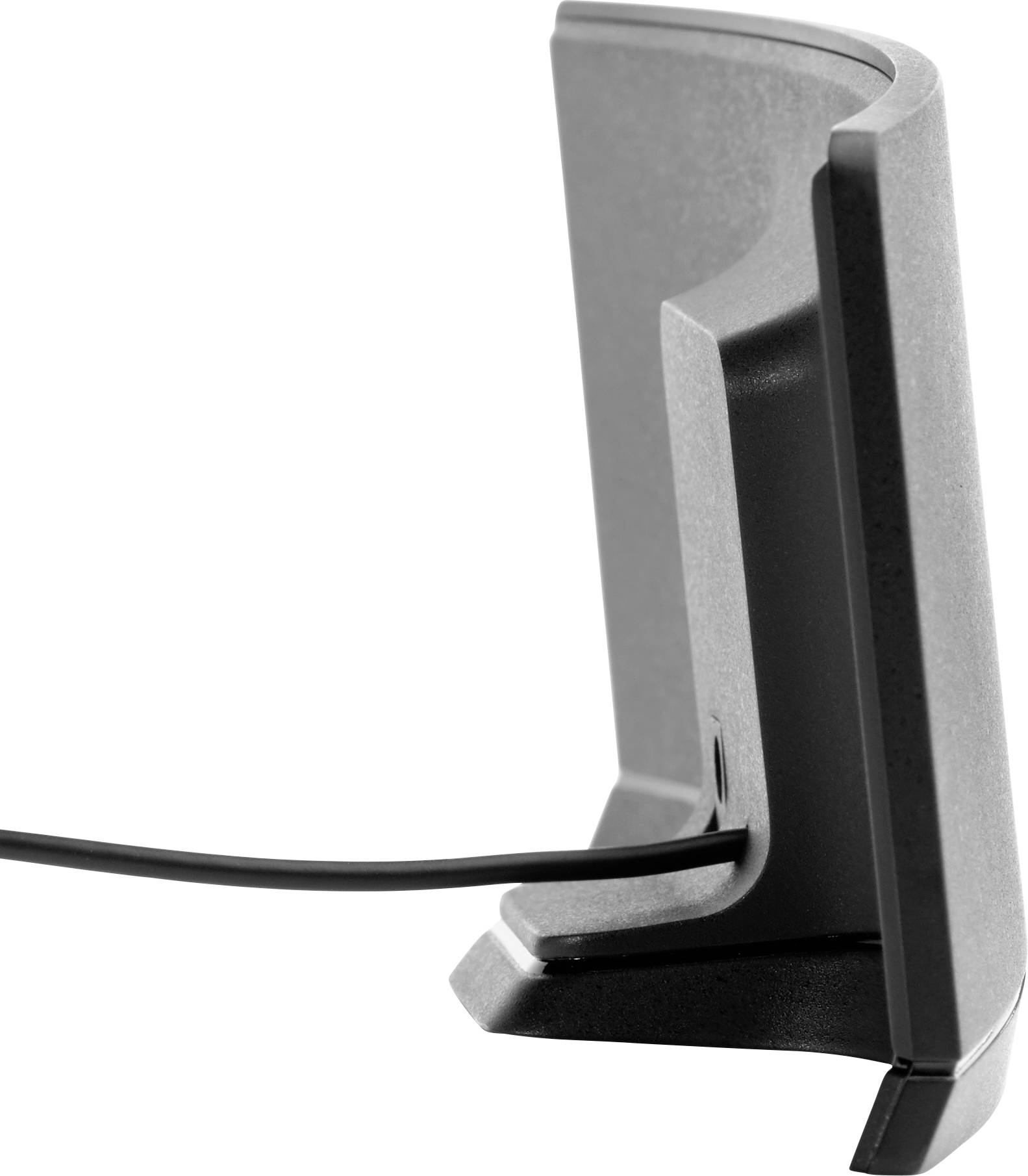 Einseitige Ansicht eines grauen elektronischen Geräts, vermutlich ein Monitor oder Tablet, mit sichtbarem Kabelanschluss.