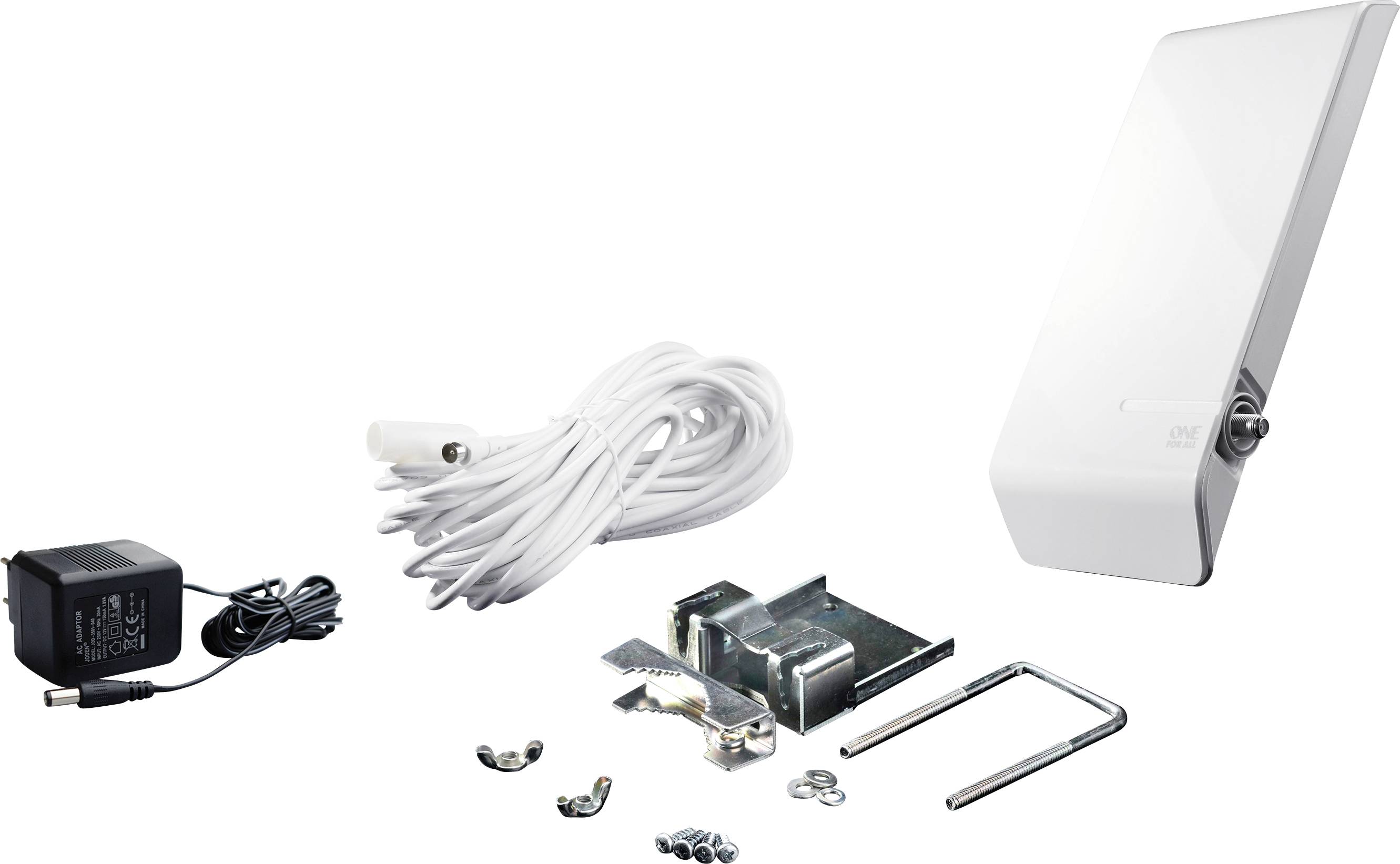 Ein WLAN-Repeater-Set mit Antenne, Netzteil, Kabel und Montagezubehör. Ideal zur Signalverstärkung in Wohnbereichen.