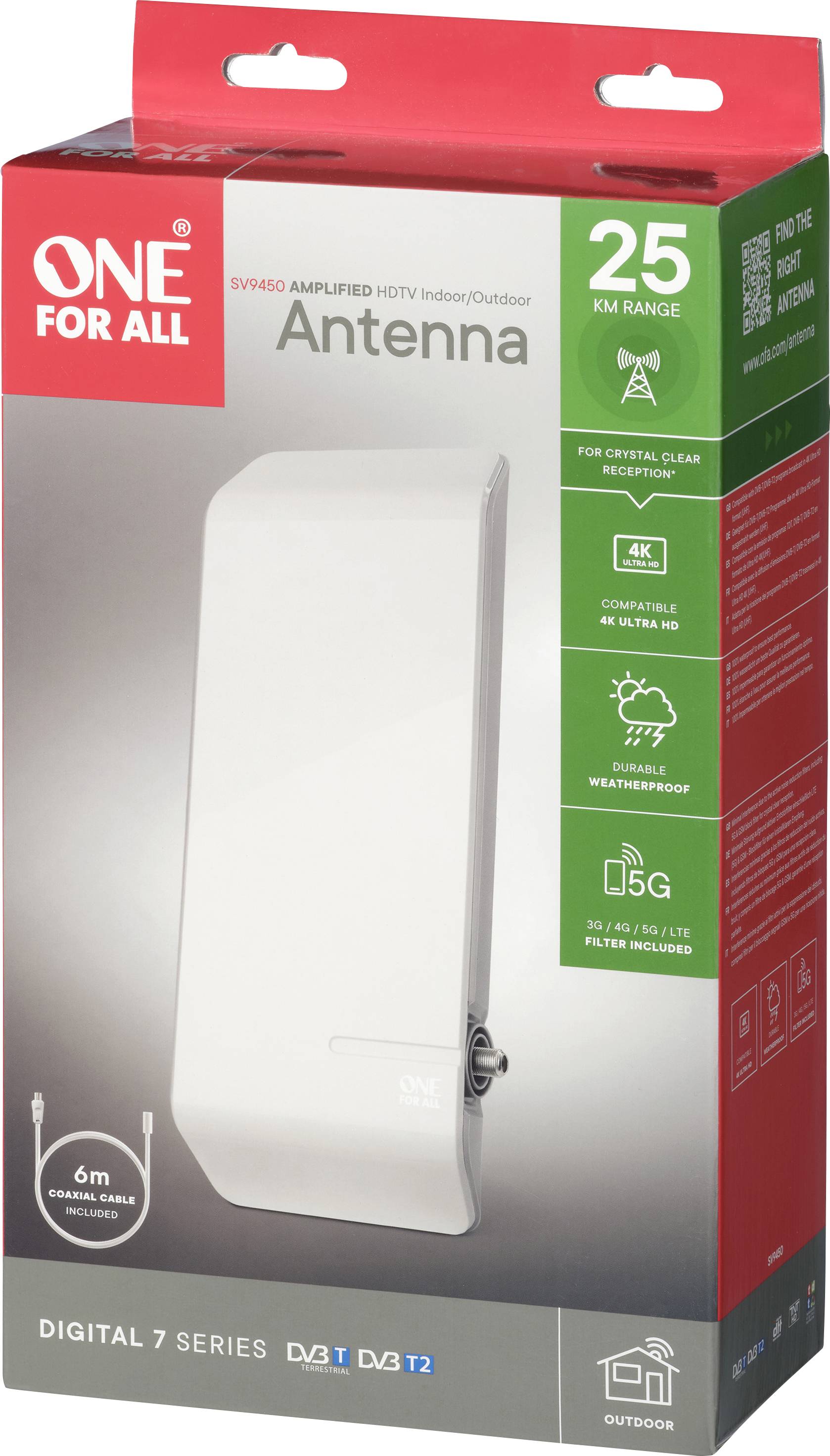 Verpackung einer 'ONE FOR ALL' Antenne, geeignet für Innen-/Außenbereich, verstärkt HDTV-Signal, Reichweite bis 25 km, 6 m Kabel enthalten.