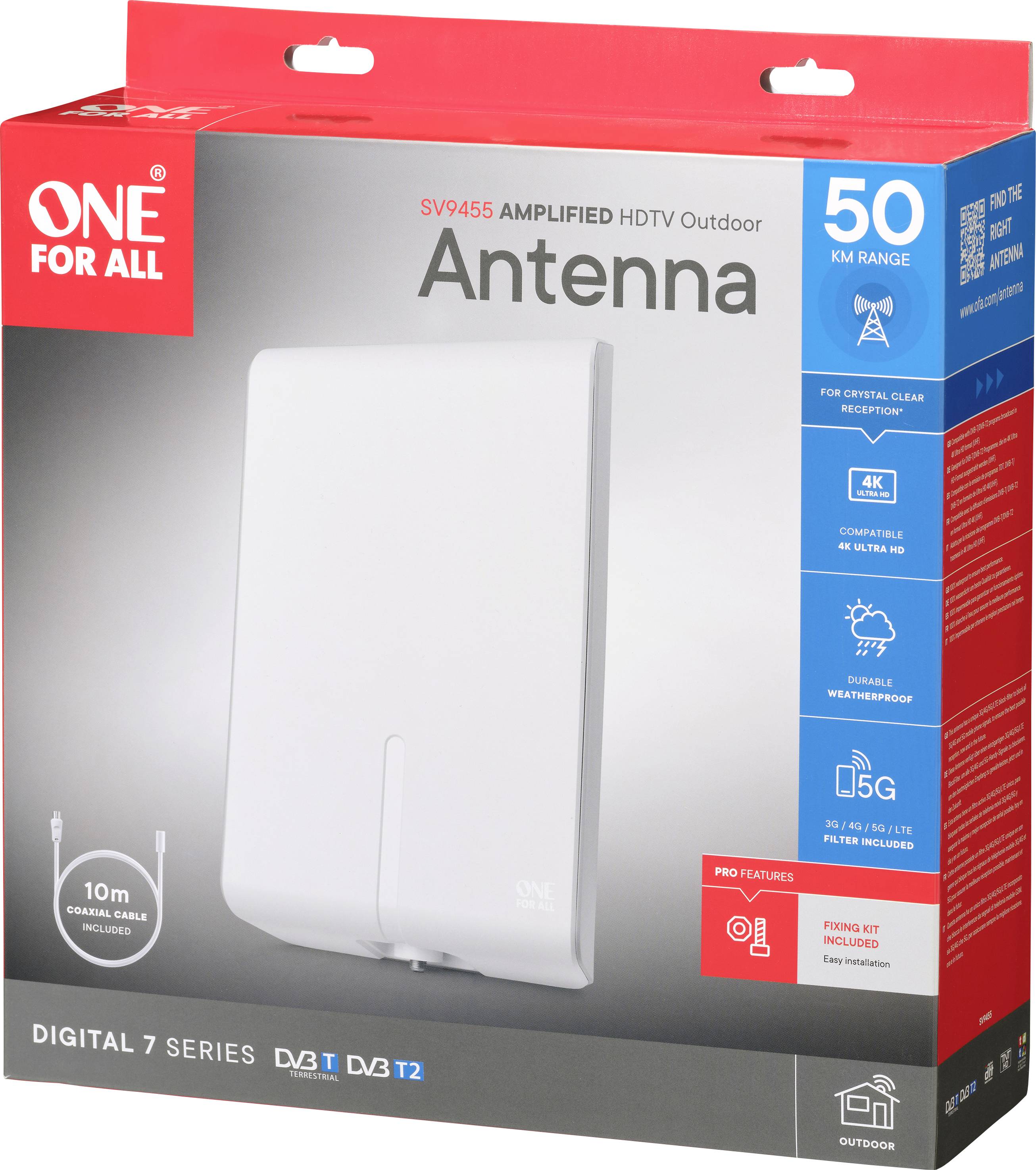 'One for All SV9455' HDTV-Außenantenne-Verpackung, verstärkt, 50 km Reichweite, geeignet für DVB-T/DVB-T2, 4K, 5G-filterbereit.