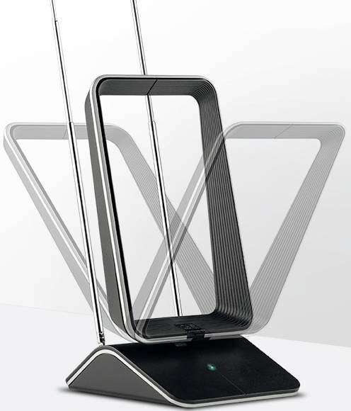 Schwarze Antenne mit rechteckigem Rahmen und ausziehbaren Metallstangen auf einem schrägen Sockel. Bewegt sich seitwärts.