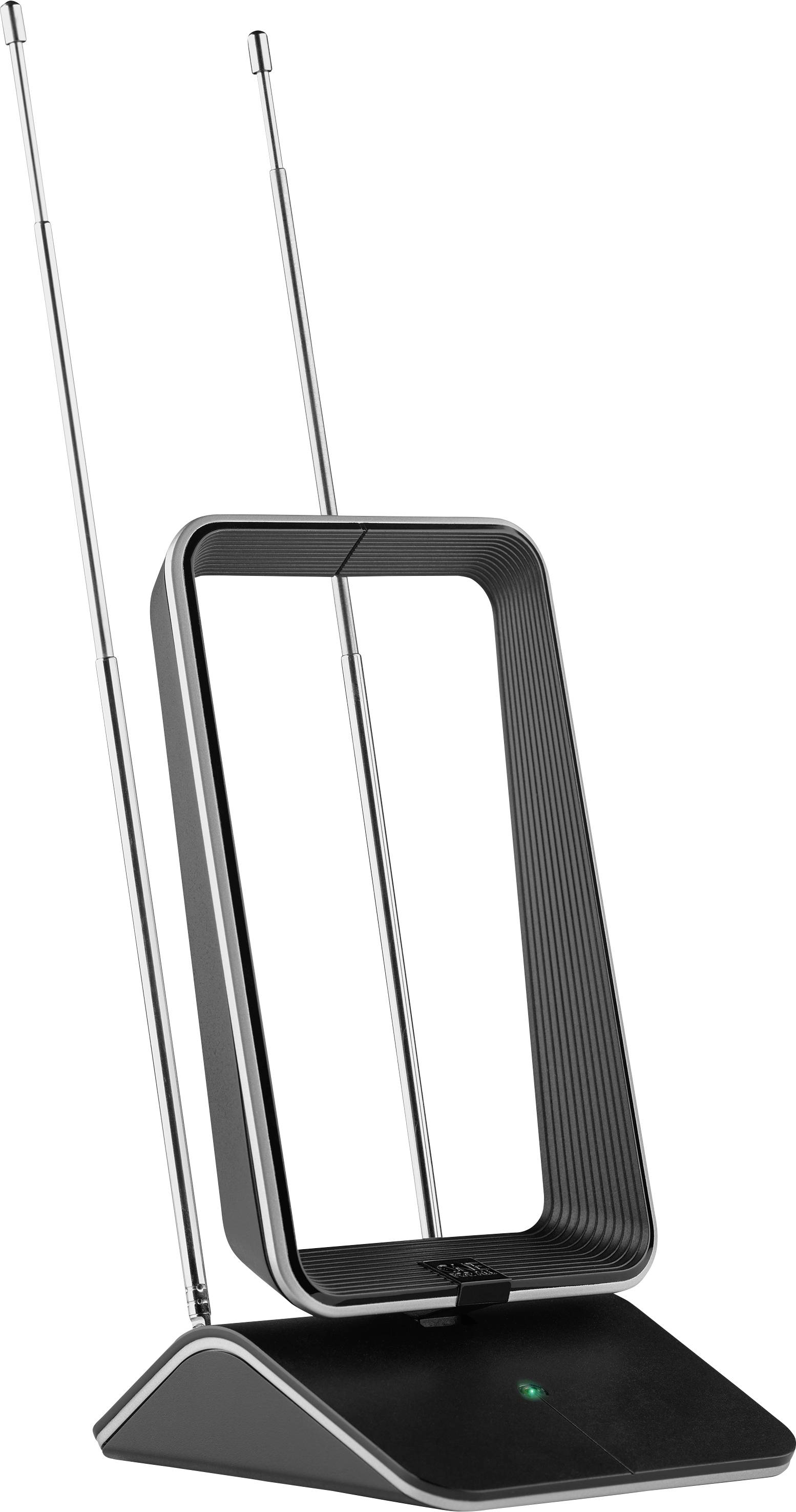 Eine schwarze, moderne TV-Antenne mit zwei ausziehbaren Antennenstäben und rechteckigem Rahmen auf einem schrägen Sockel.