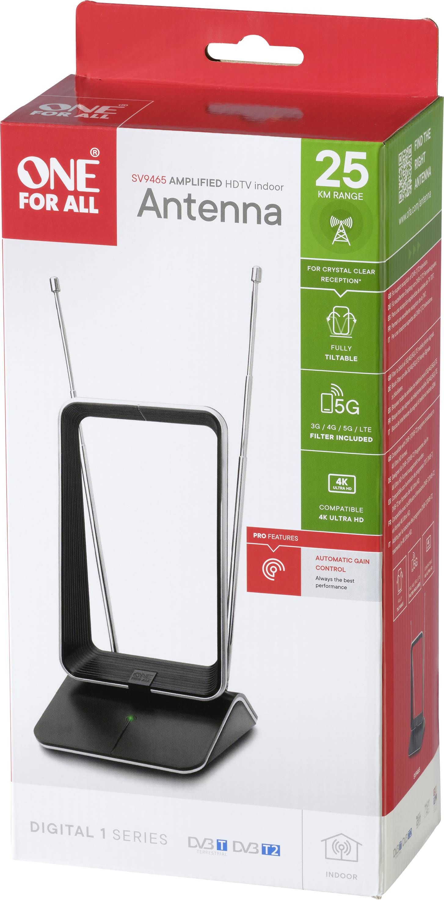 Verpackung einer 'One For All SV9455'-Verstärkerantenne für Innen mit 25 km Reichweite, geeignet für HDTV, 4K, 5G und DVB-T2.