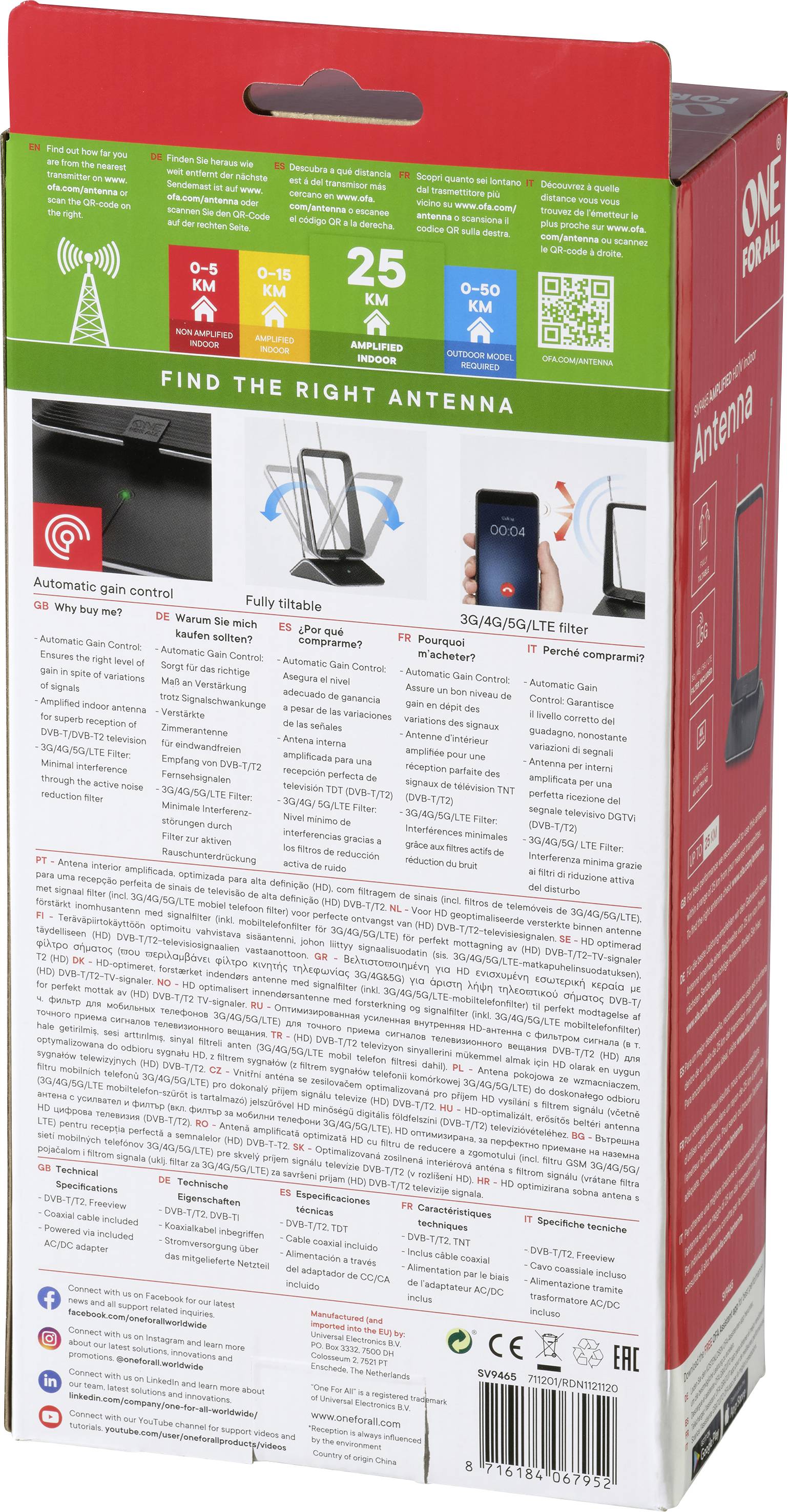 Verpackung einer universellen Antenne mit Signalstärkeanzeige, Nutzungshinweisen und 4G/5G/LTE-Entstörfilter. Bild und Text erläutern Funktionen.