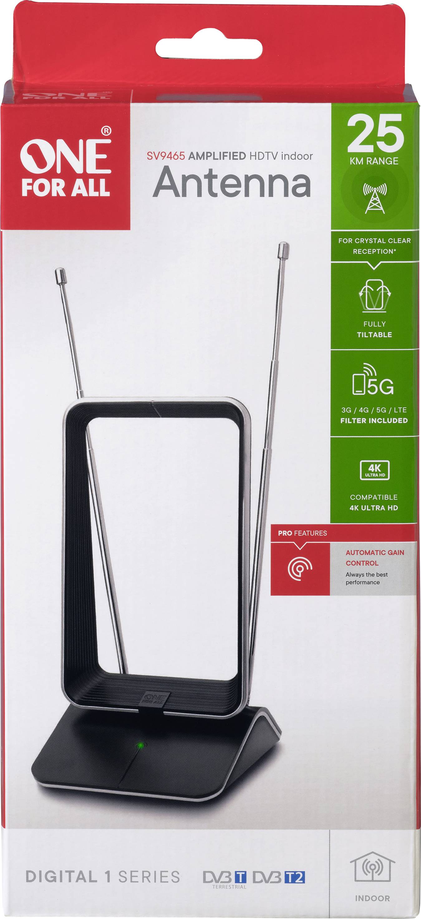 'One For All' Antenne für Innenräume, Reichweite 25 km. Unterstützt DVB-T, DVB-T2. Integrierter Verstärker für HD-TV.