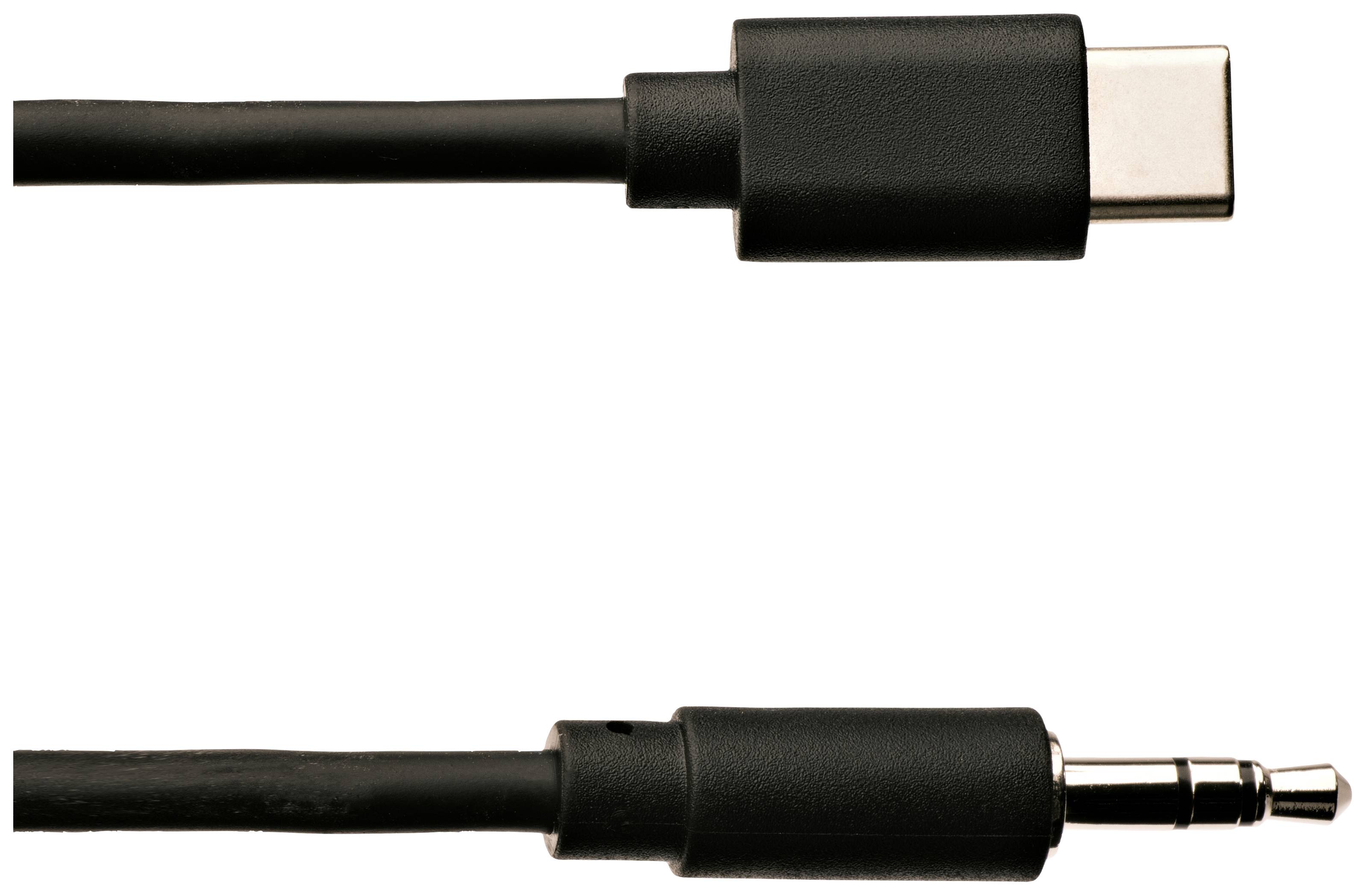 Ein USB-C-zu-3,5-mm-Klinkenstecker-Audiokabel. Oben ist der USB-C-Stecker, unten der Klinkenstecker.
