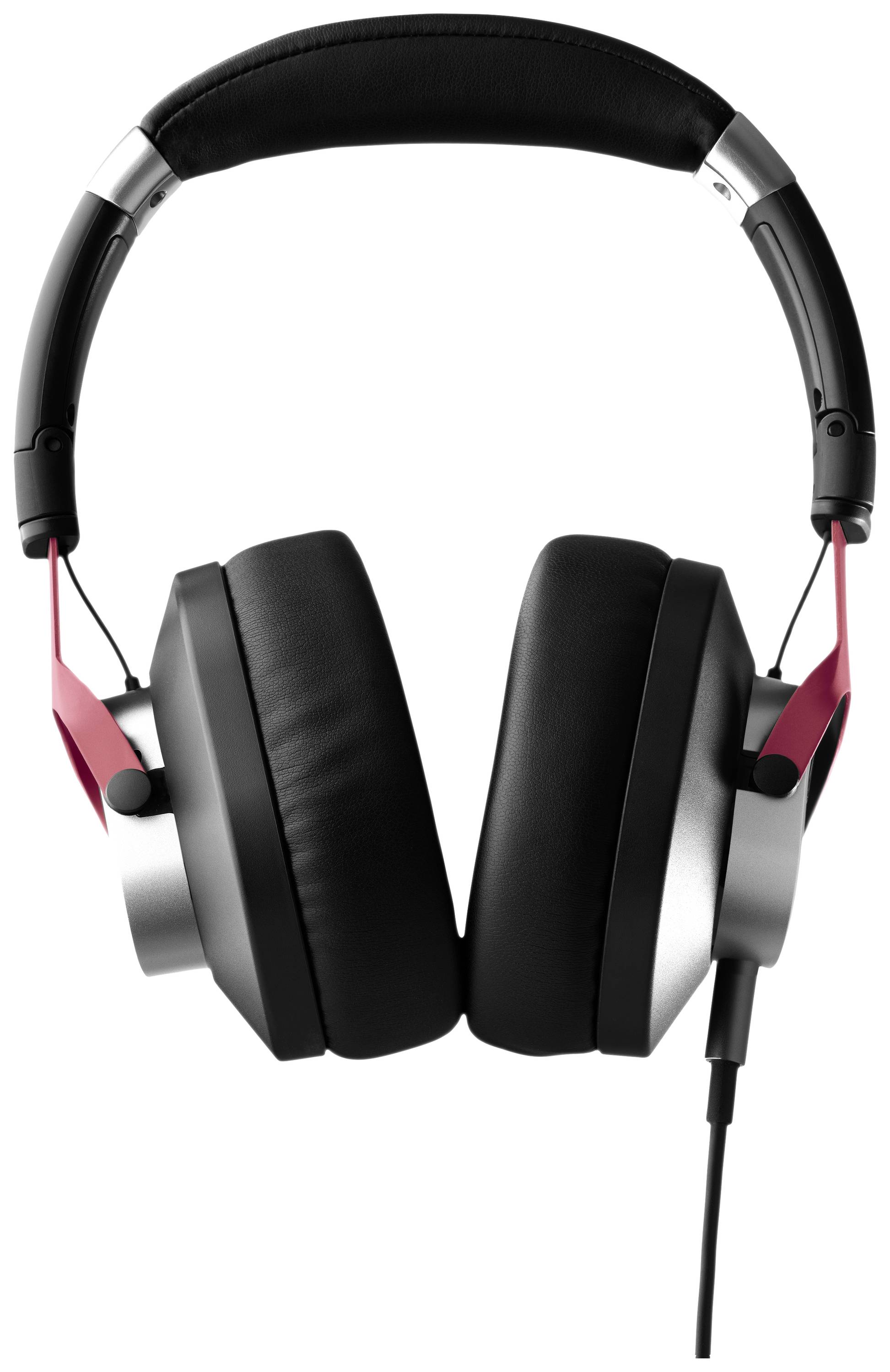 Schwarze, kabelgebundene Over-Ear-Kopfhörer mit rotem Akzent, geeignet für Musikgenuss oder professionelle Audiobearbeitung.