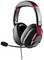 Schwarzes Headset mit rotem Akzent und einem Mikrofonarm. Design für Gaming oder professionelle Kommunikation.