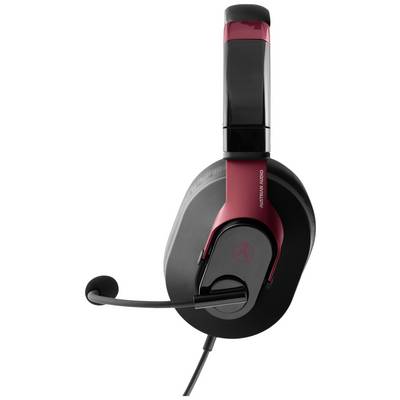 Kabelgebundenes Headset in Schwarz und Rot mit Mikrofonarm. Geeignet für Gaming oder Bürokommunikation.
