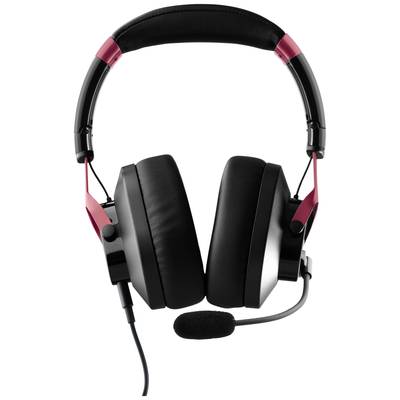 Schwarzer Gaming-Kopfhörer mit Mikrofon, roter Akzent an der Kopfstütze. Geeignet für PC-Gaming und Voice-Chat.