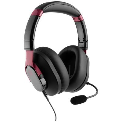 Schwarzes Over-Ear-Headset mit Mikrofon, rote Details; geeignet für Gaming und Online-Kommunikation.