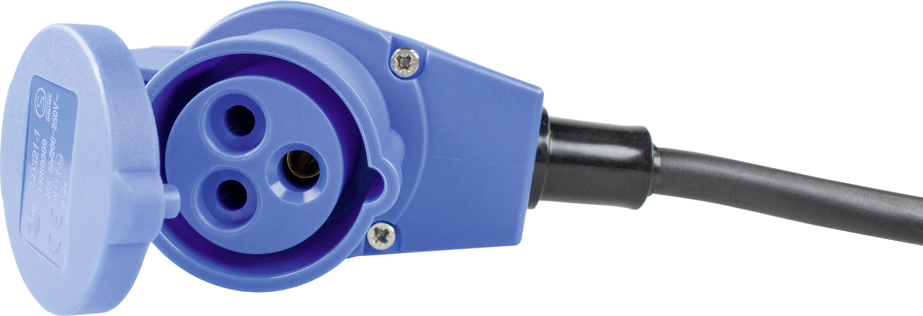 Ein blauer CEE-Stecker mit Kappe, typischerweise verwendet für Stromanschlüsse in Outdoor-Umgebungen oder für Camping.