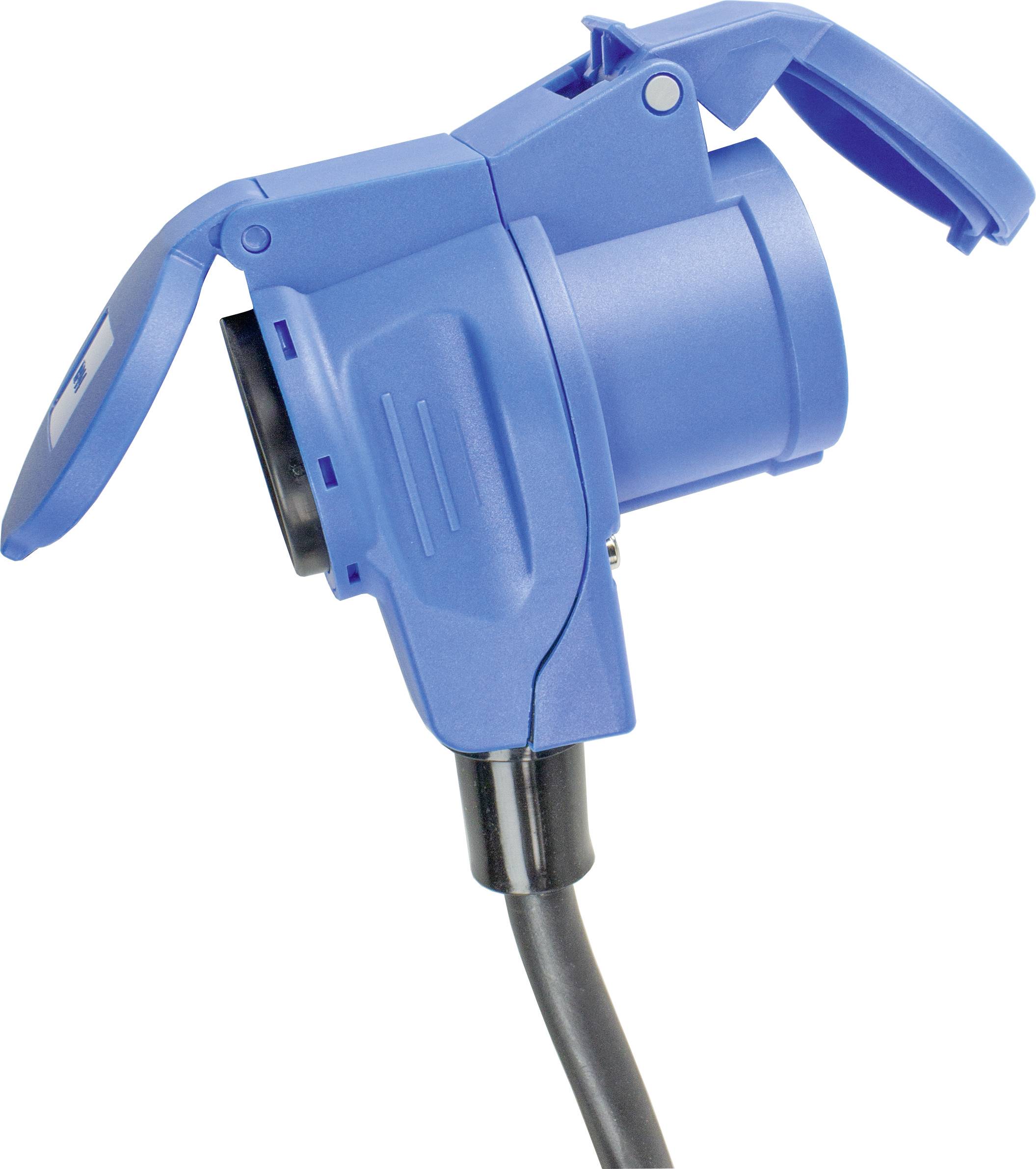 Ein blauer elektrischer Stecker mit einem schwarzen Kabel. Der Stecker hat eine klappbare Schutzabdeckung, die teilweise geöffnet ist.