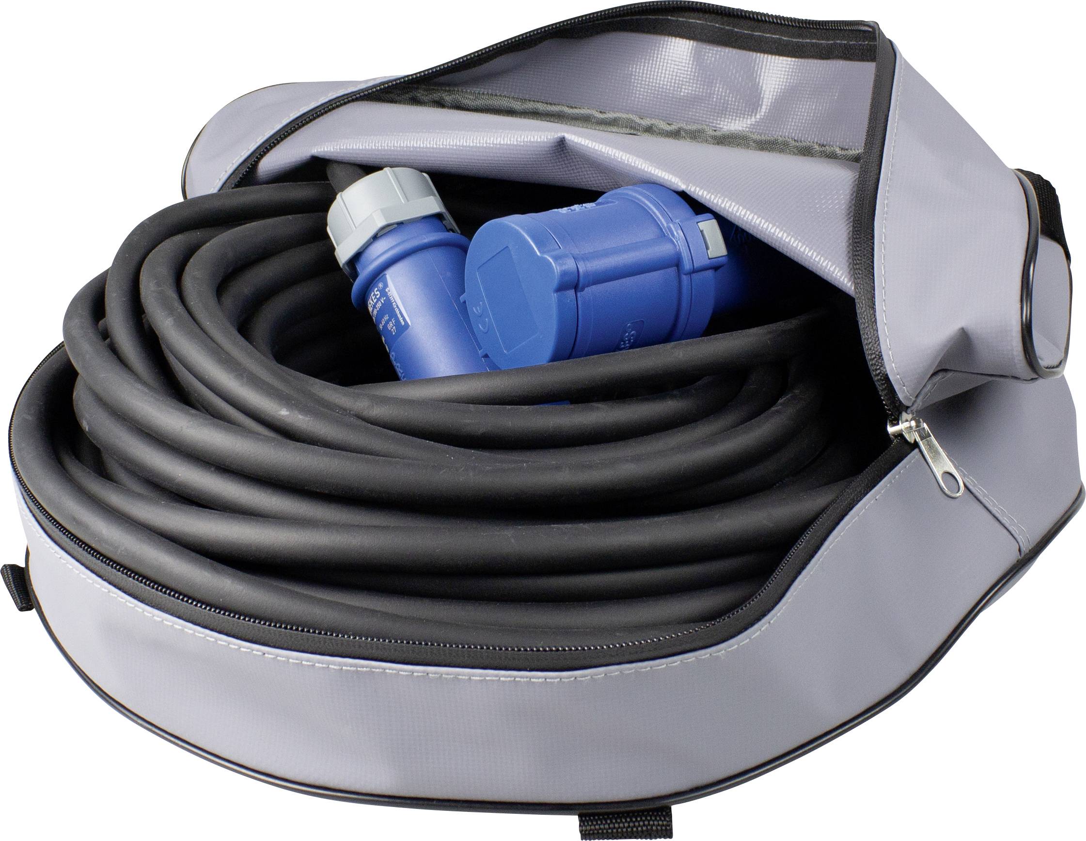 Graue Tragetasche mit geöffnetem Reißverschluss, die ein langes schwarzes Kabel mit blauen Steckverbindungen enthält.