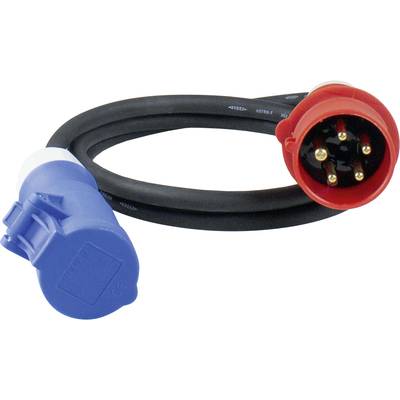 Ein Kabel mit einem roten und einem blauen Stecker, verwendet für Industriestromverbindungen.