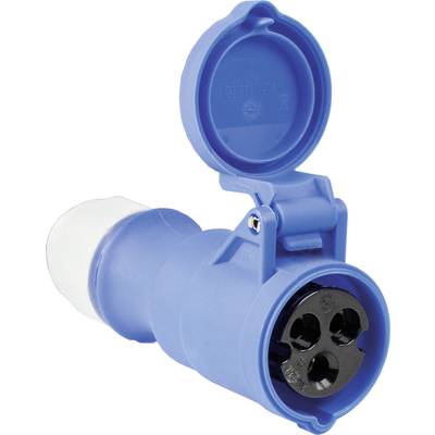 Blauer CEE-Stecker mit drei runden Pin-Öffnungen und Schutzkappe, verwendet für industrielle Stromanschlüsse.
