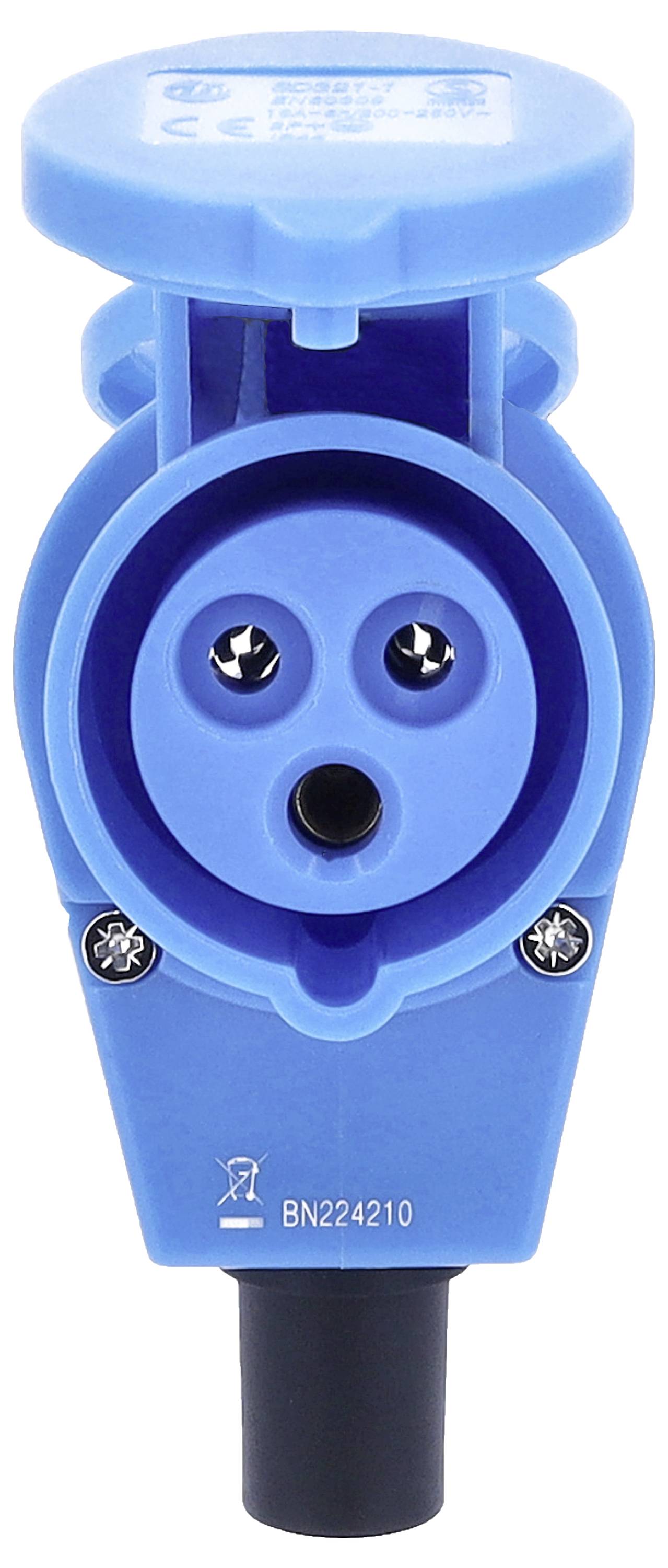 Blaue CEE-Steckdose, geeignet für industrielle Anwendungen, mit drei Steckbuchsen und Sicherheitsverriegelung.