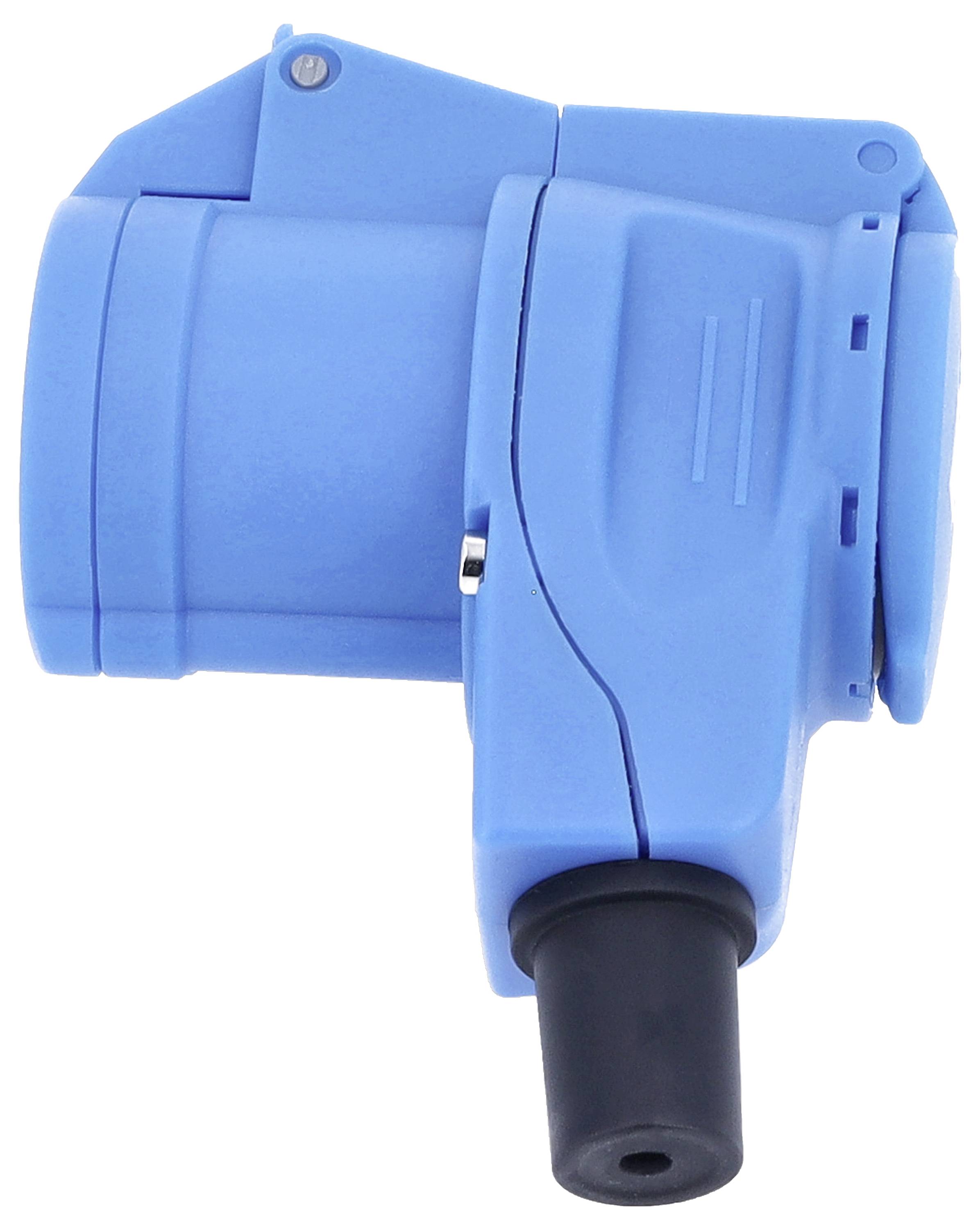 Ein blaues, zylindrisches Gerät mit einem schwarzen Anschluss am Ende, möglicherweise ein elektrischer Komponent oder Stecker.