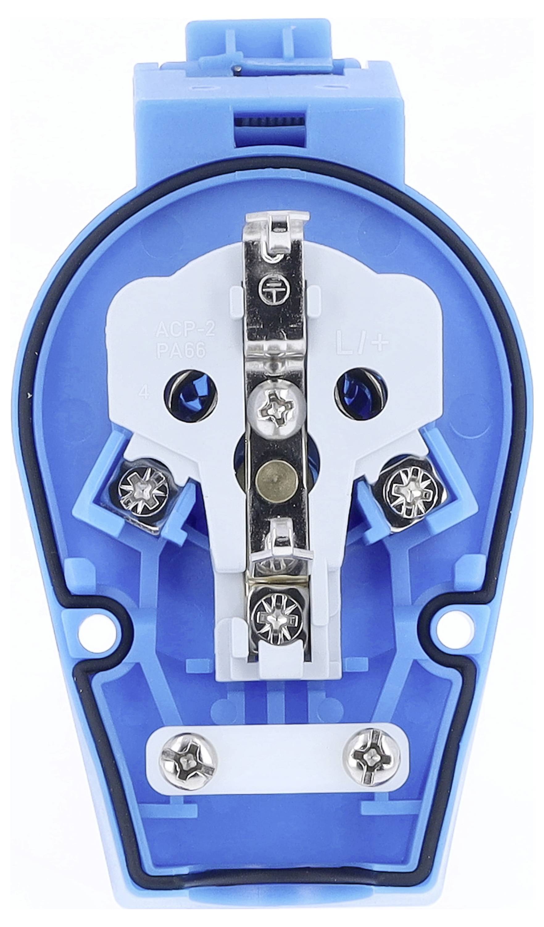 Ein weiß-blaues elektrisches Gerät mit Schrauben und Metallklammern, vermutlich eine Steckverbindung oder Klemme.