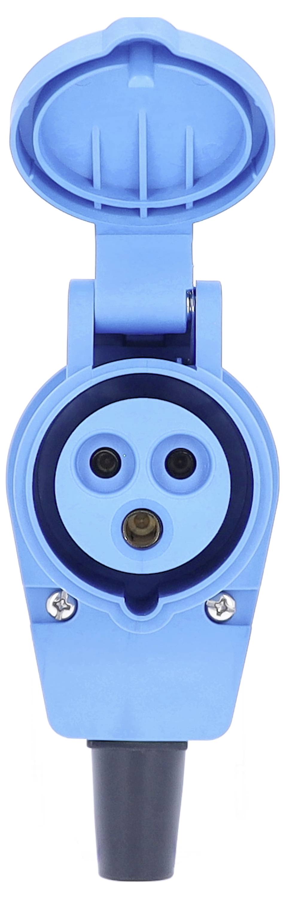 Blaue Steckdose mit offenem Deckel, zeigt drei Buchsen in einem runden Muster. Elektrisches Anschlussgerät für spezifische Anwendungen.