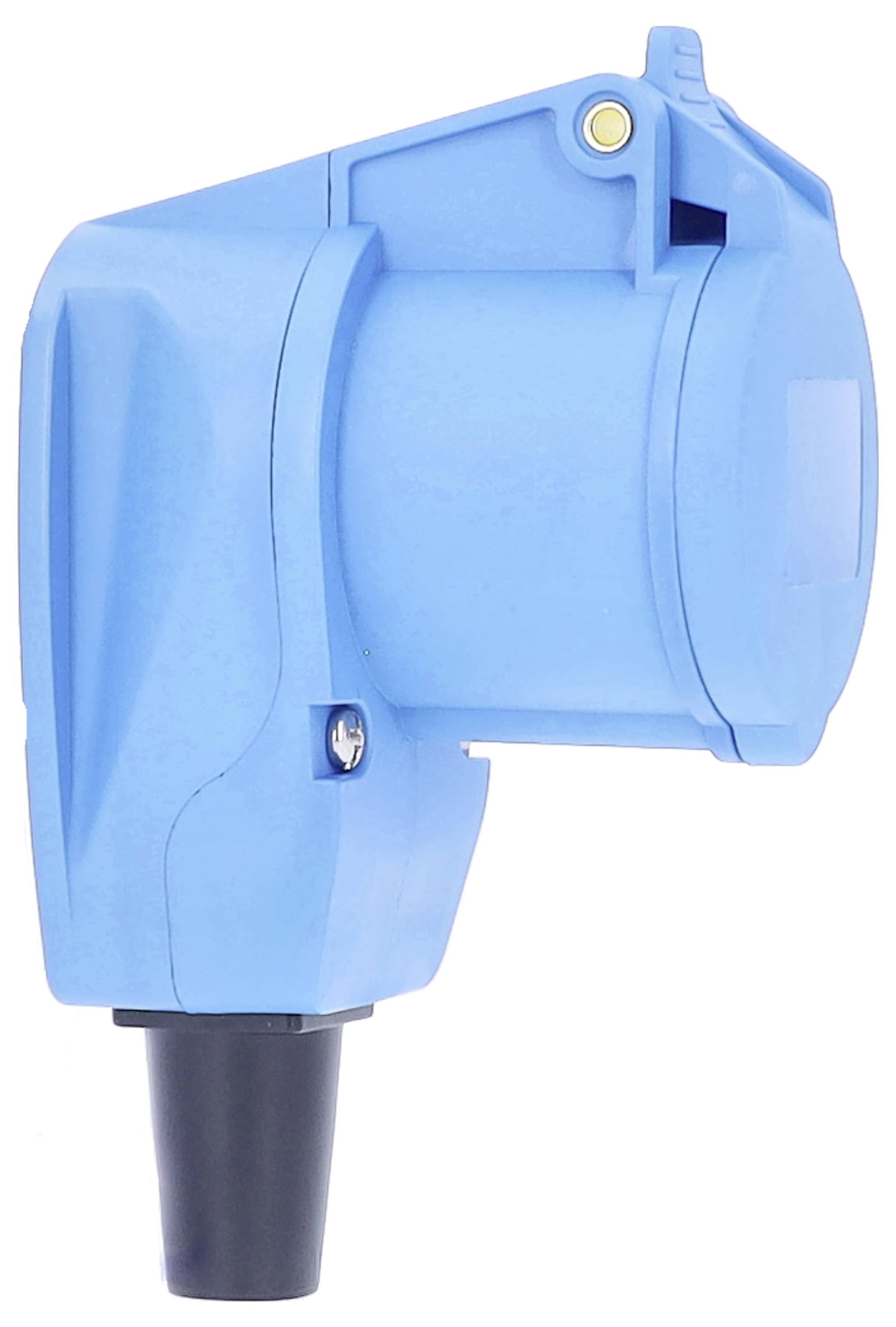 Ein blauer, rechteckiger Sensor mit schwarzem Anschluss unten, oft verwendet in industriellen Anwendungen zur Positionsmessung.