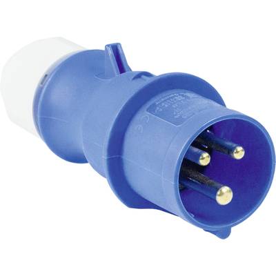 Blauer dreipoliger CEE-Stecker für Elektroanschlüsse. Er hat eine robuste Kunststoffhülle und einen Schraubverschluss für sichere Verbindungen.