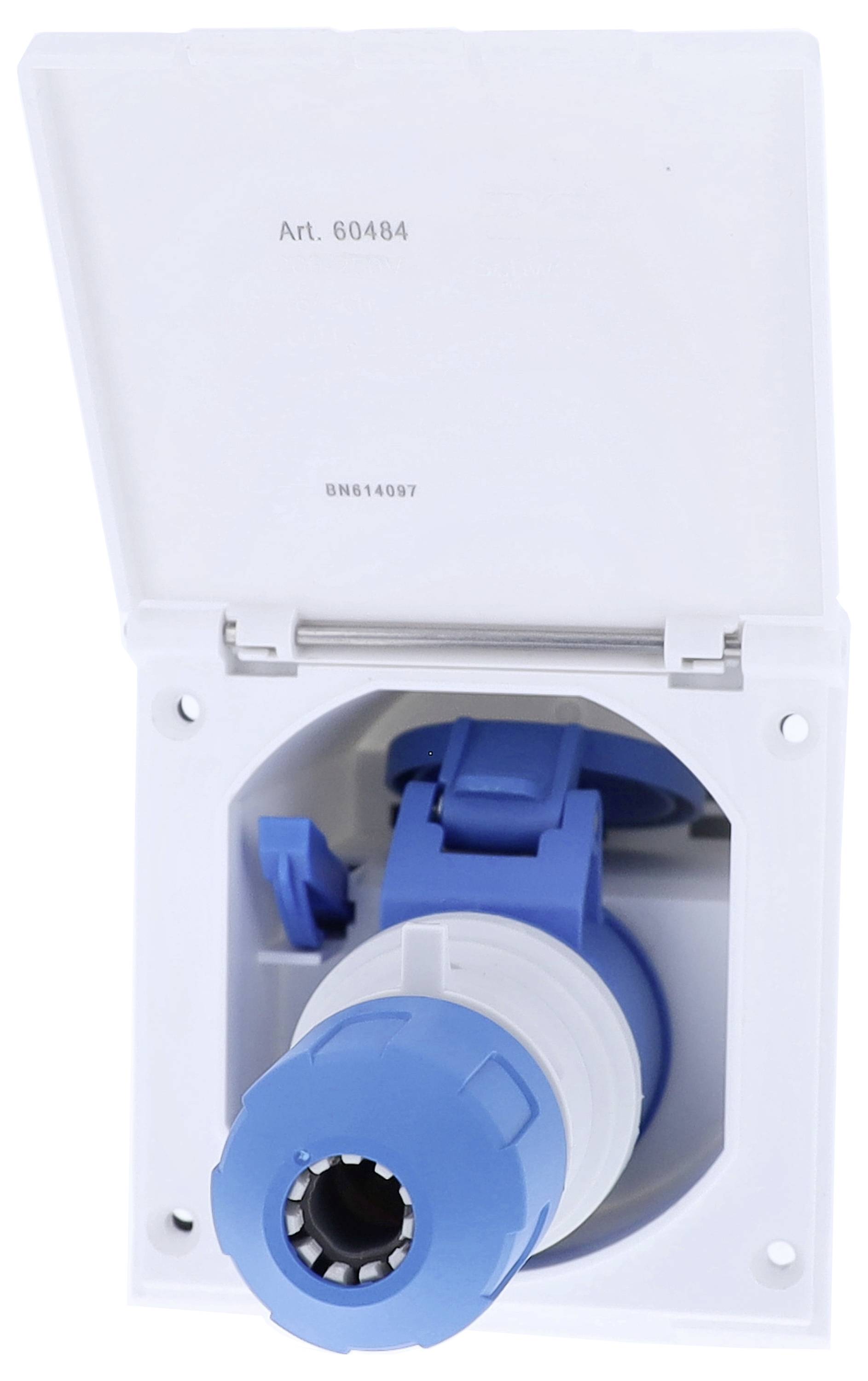 Eine weiße, rechteckige Steckdosenbox mit offenem Deckel, zeigt eine blaue industrielle Stromsteckdose. Artikelnummer '60484' sichtbar.