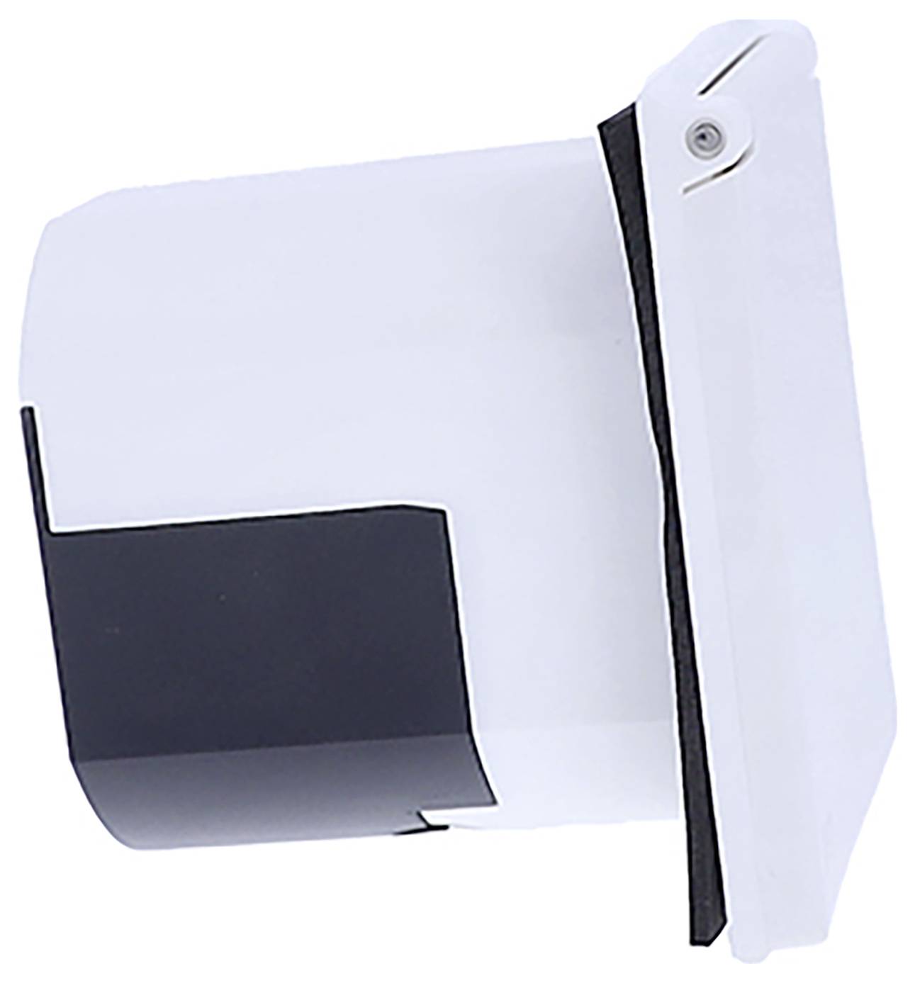 Ein weiß-schwarzes Kunststoffteil, möglicherweise ein funktionaler Bestandteil eines Geräts oder Gehäuses, aus seitlicher Ansicht.