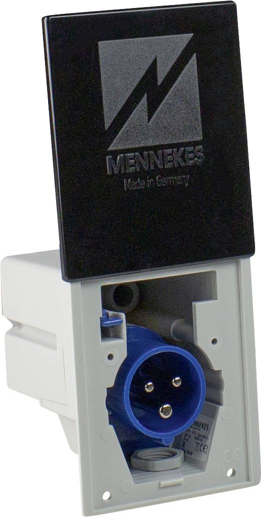 'Industriesteckdose, blau, mit Klappdeckel, Marke Mennekes, mit Aufschrift "Made in Germany".'