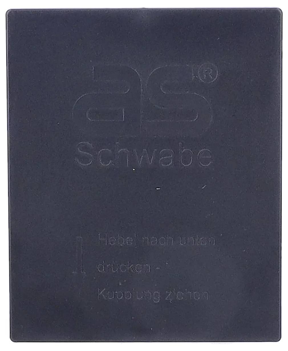 Schwarze Kunststoff-Schwabe-Abdeckplatte mit geprägtem Logo und deutschem Text „Bitte nach unten drücken", der anweist, nach unten zu drücken.