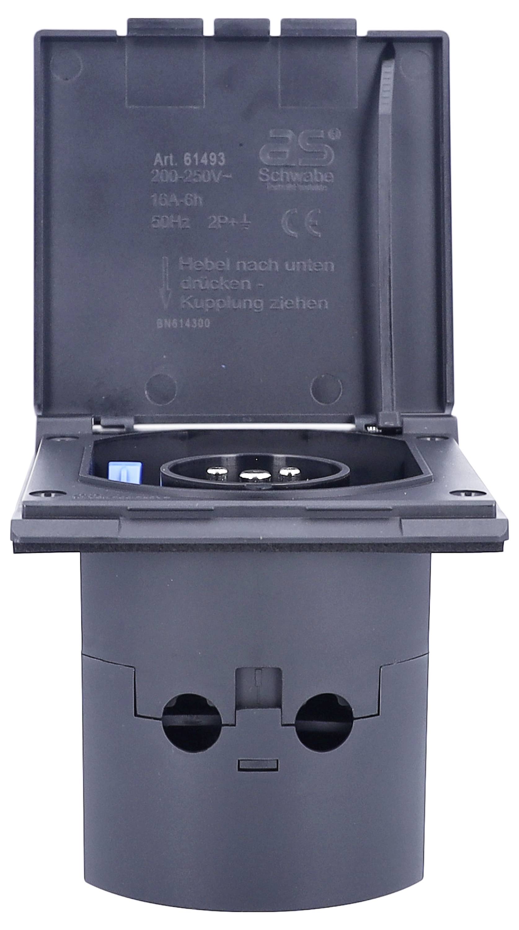 Ein schwarzer industrieller Steckverbinder mit hochgeklappter Abdeckung. Sichtbare Angabe der Leistung: 10A, 250V, IP44.