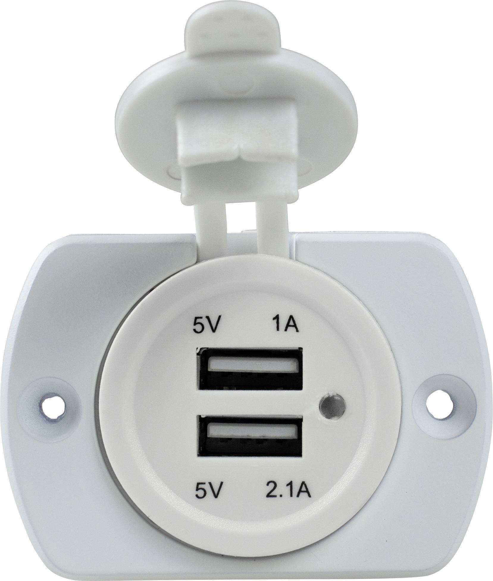 Doppelter USB-Ladeanschluss in weiß mit abnehmbarer Abdeckung. Oberer Anschluss: 5V, 1A; unterer Anschluss: 5V, 2.1A.