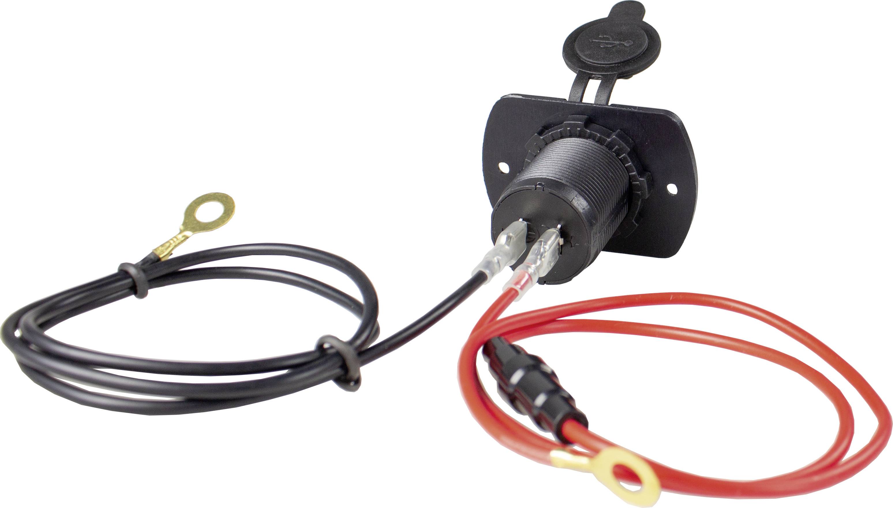 Ein schwarzes und ein rotes Kabel mit Ringanschlüssen sind an einem elektrischen Bauteil mit Sicherungshalter und Abdeckung befestigt.
