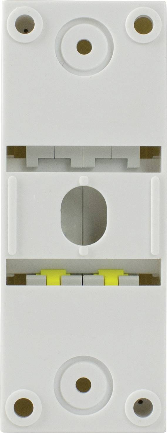 Eine weiße, rechteckige Kunststoffhalterung mit Öffnungen für Kabelinstallation und zwei gelben Clips in der Mitte.
