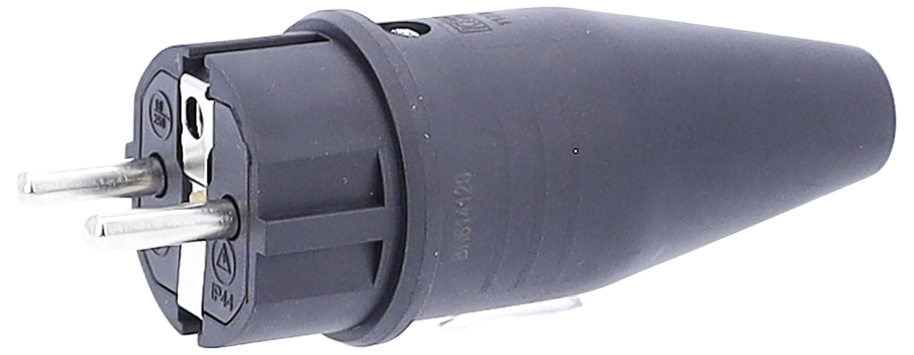 Schwarzer Schuko-Stecker mit zwei Stiften und rundem Gehäuse, geeignet für europäische Steckdosen, seitliche Ansicht.