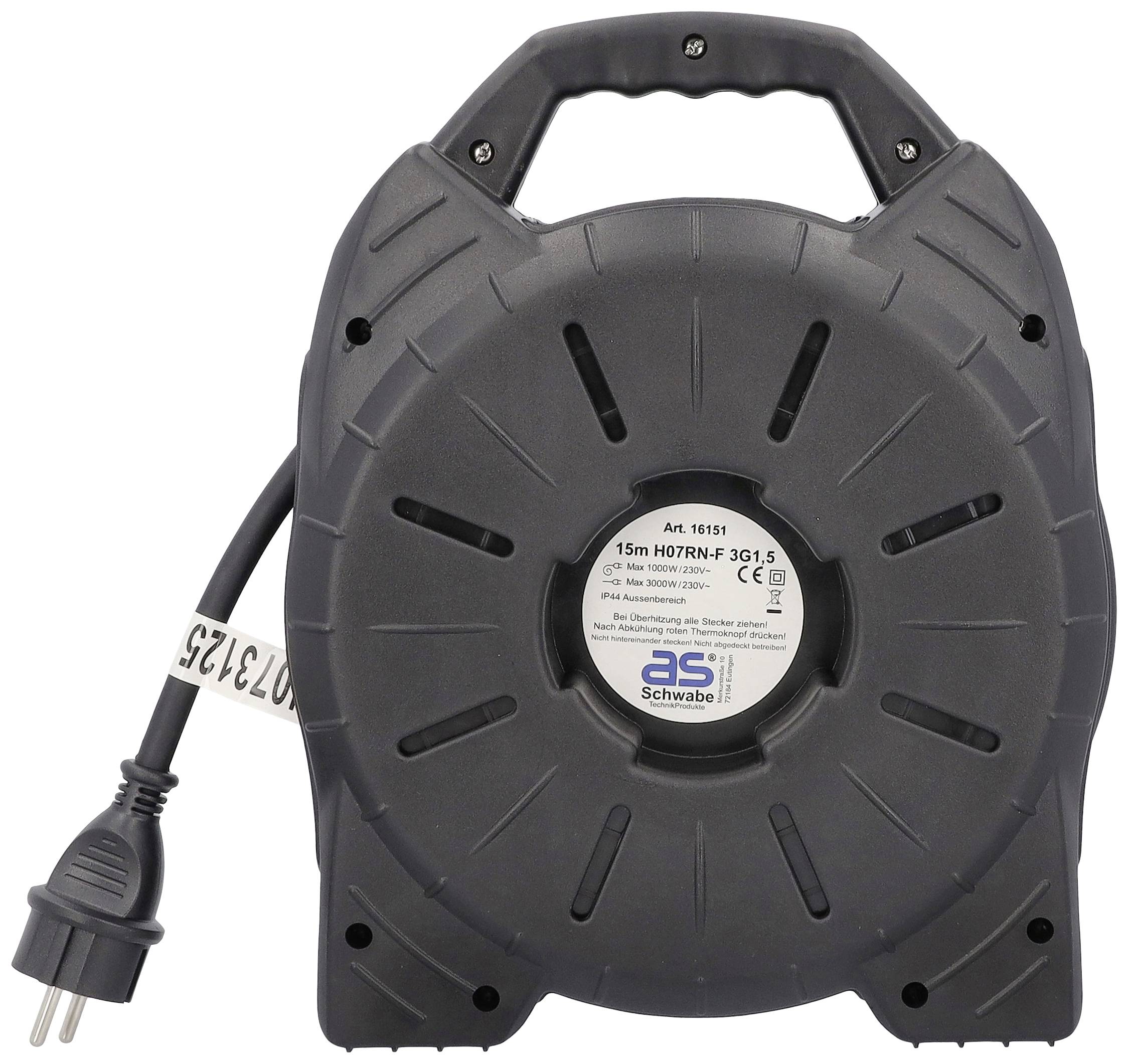 Schwarze Kabeltrommel mit Griff, 15 Meter Kabel, und Stecker. Eignet sich für den Innen- und Außeneinsatz, 230 Volt, 50/60 Hz.